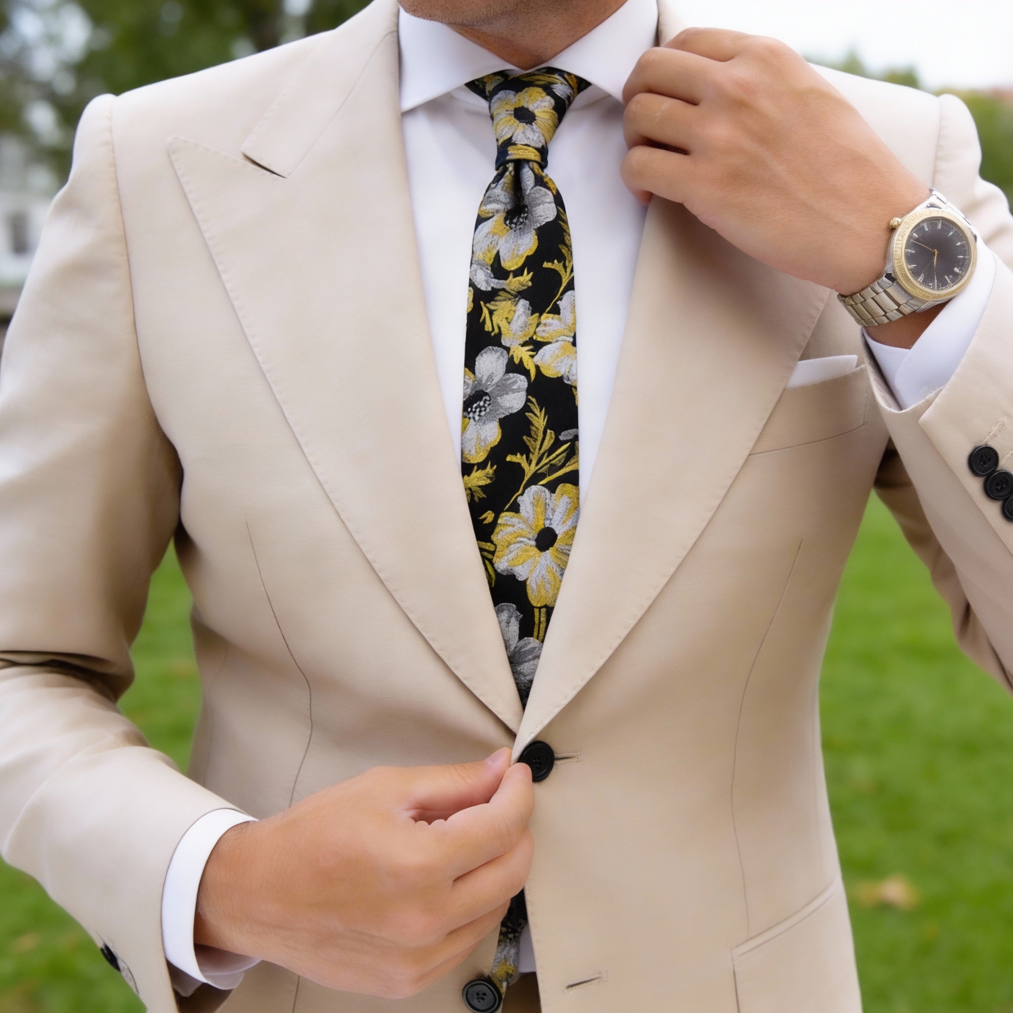 Black With Yellow Gray Floral Necktie