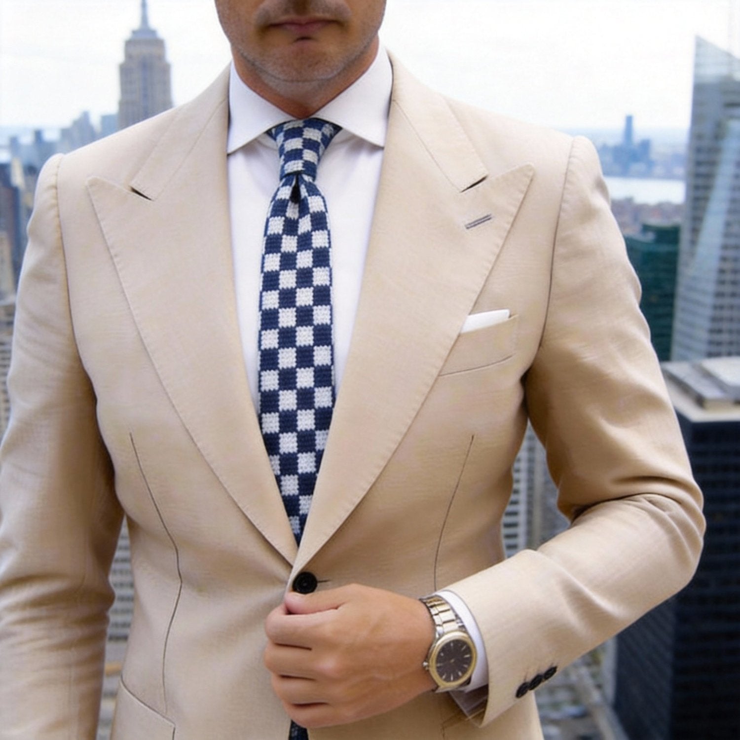Navy With Light Blue White Checkered Necktie