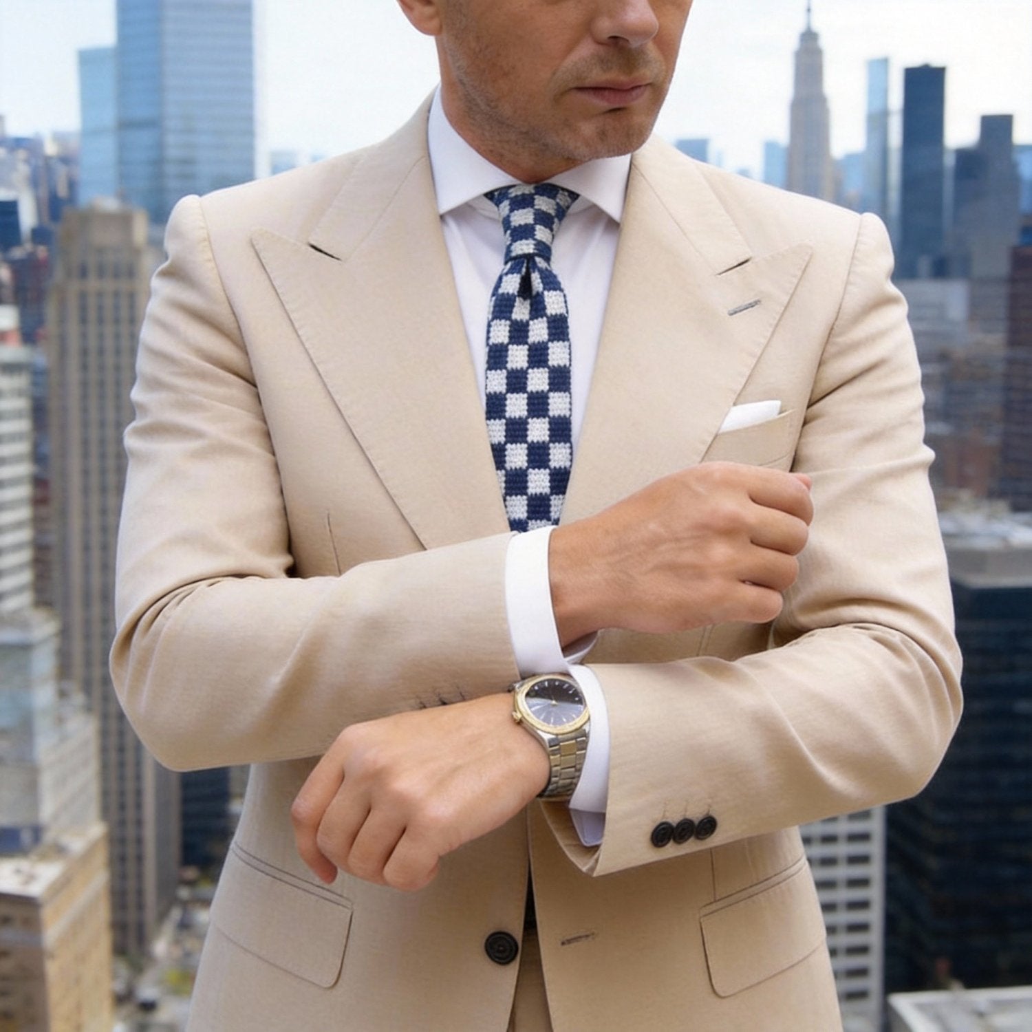 Navy With Light Blue White Checkered Necktie