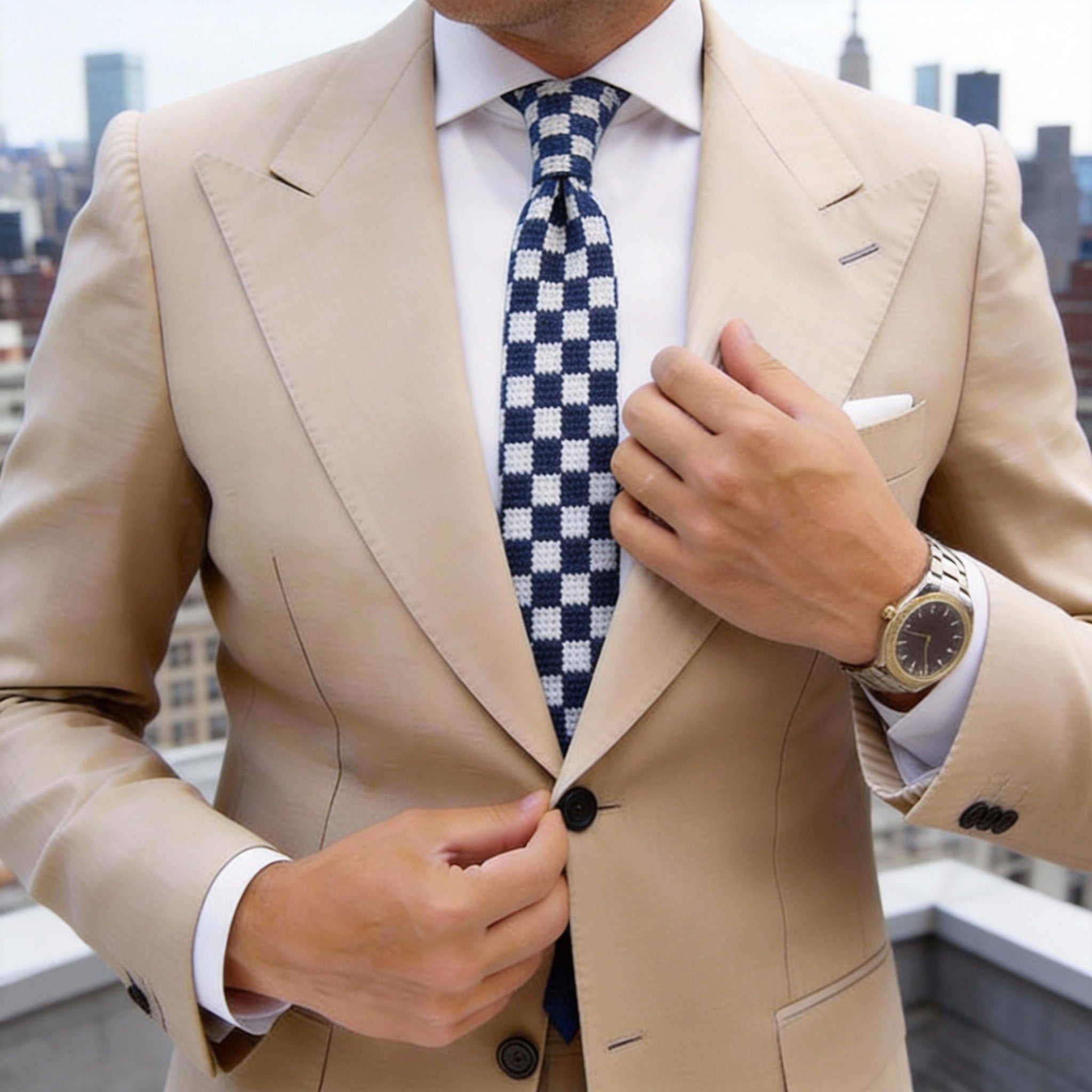 Navy With Light Blue White Checkered Necktie