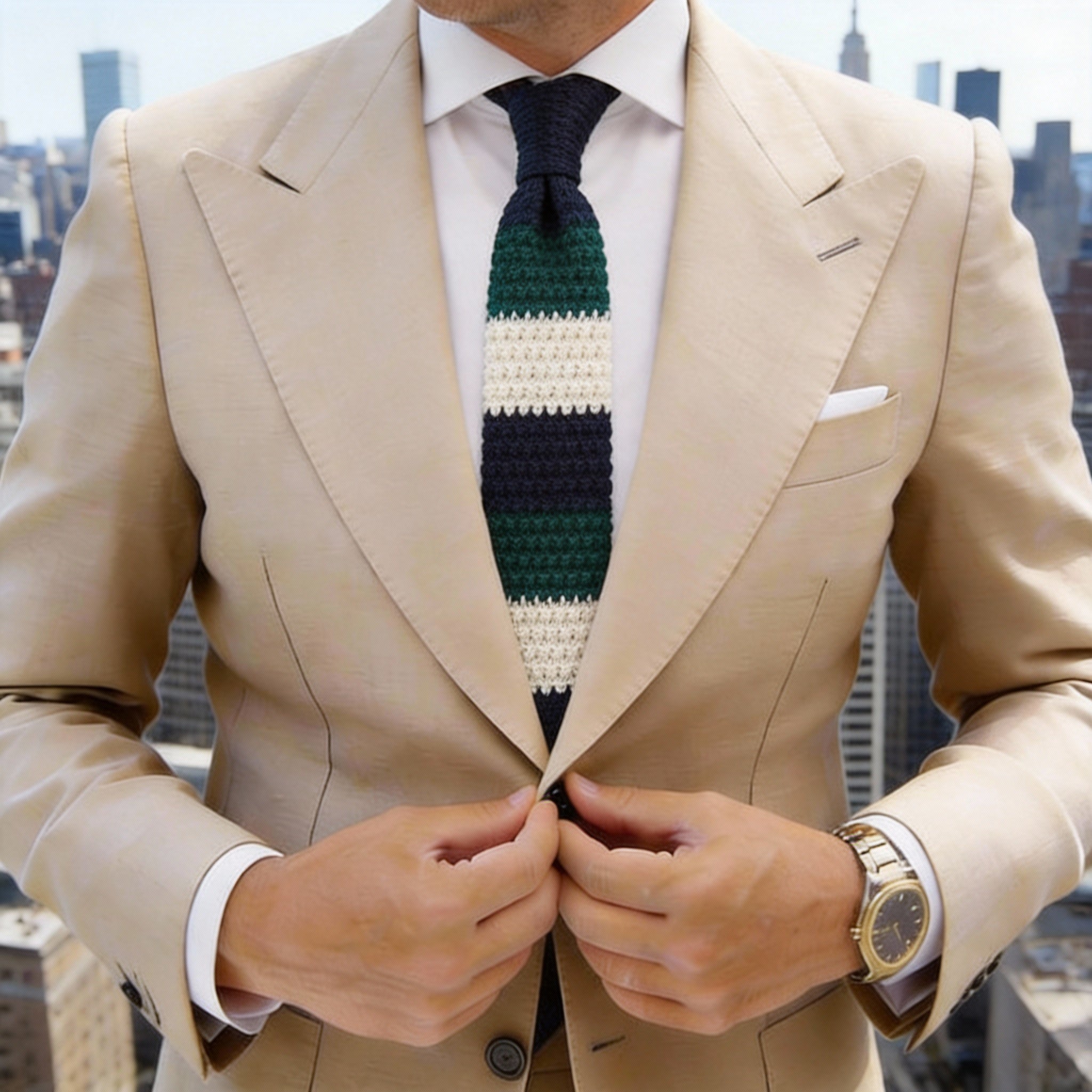 Green With Navy Blue And White Striped Necktie