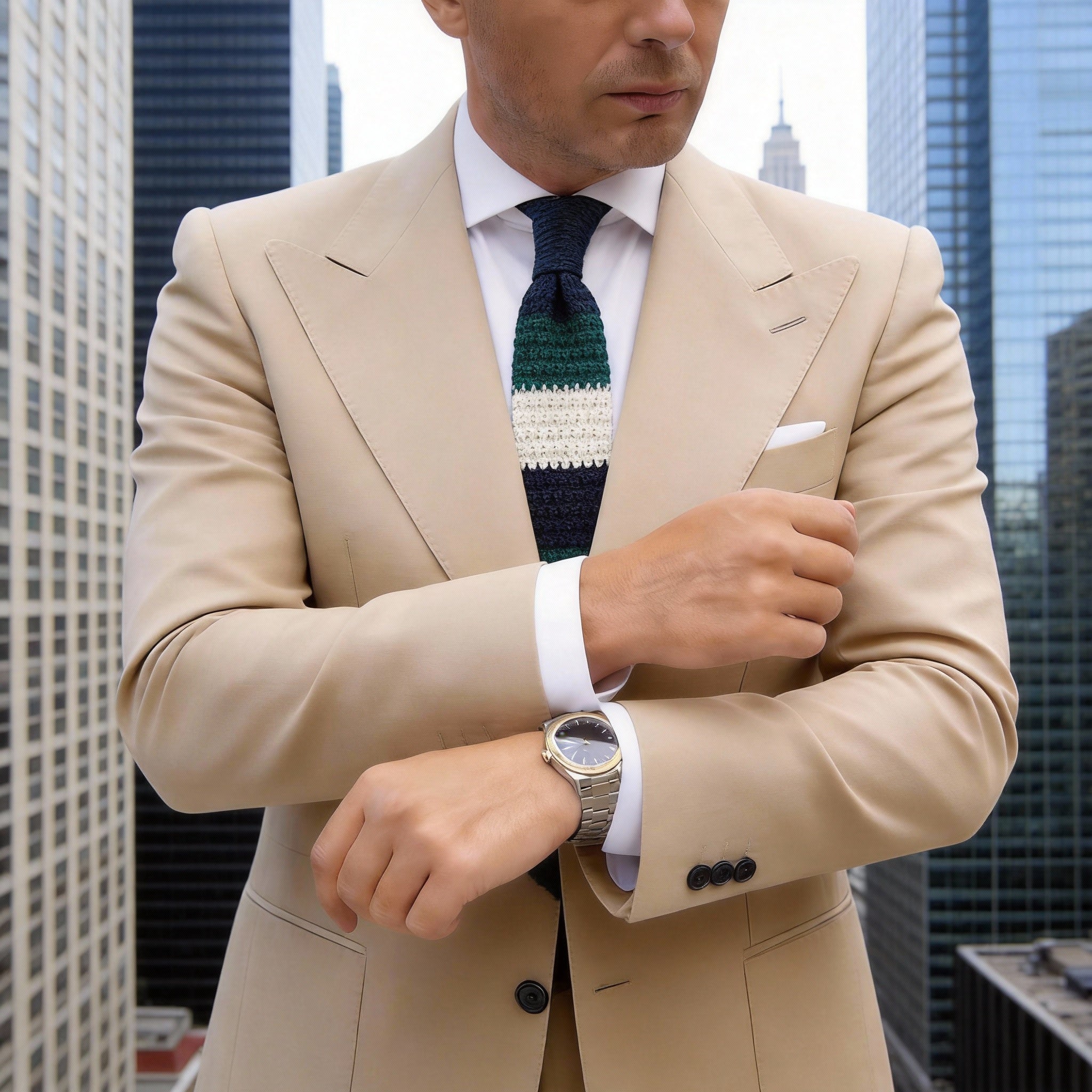 Green With Navy Blue And White Striped Necktie