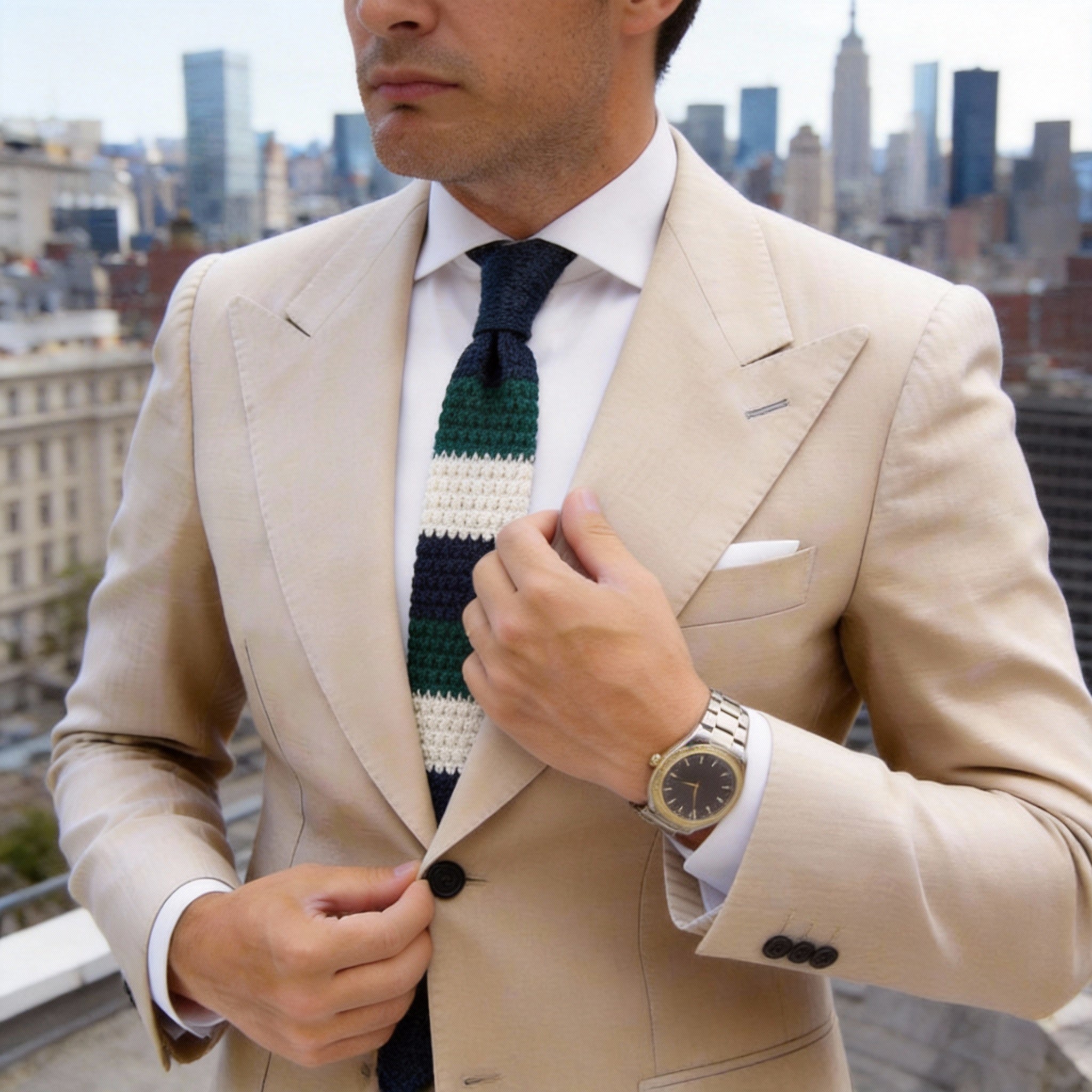 Green With Navy Blue And White Striped Necktie