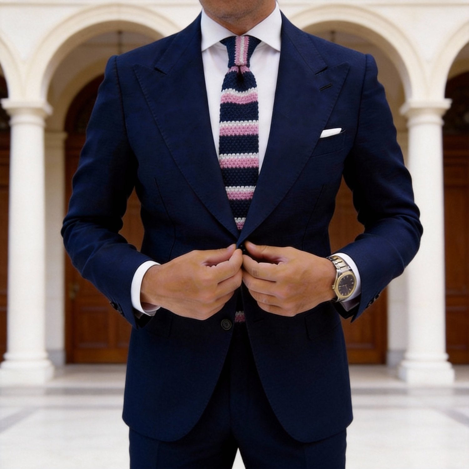 Navy Blue With Pink And White Striped Necktie