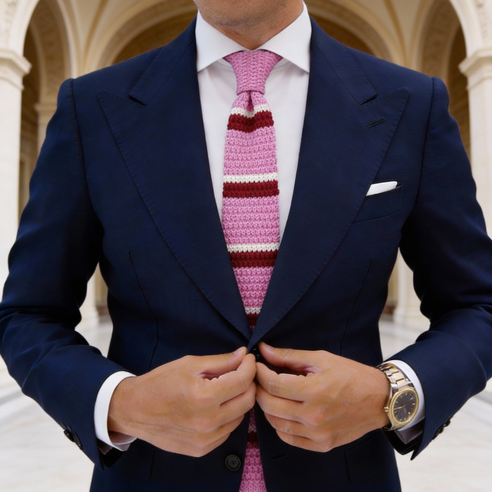 Pink With Red White Striped Knitted Necktie