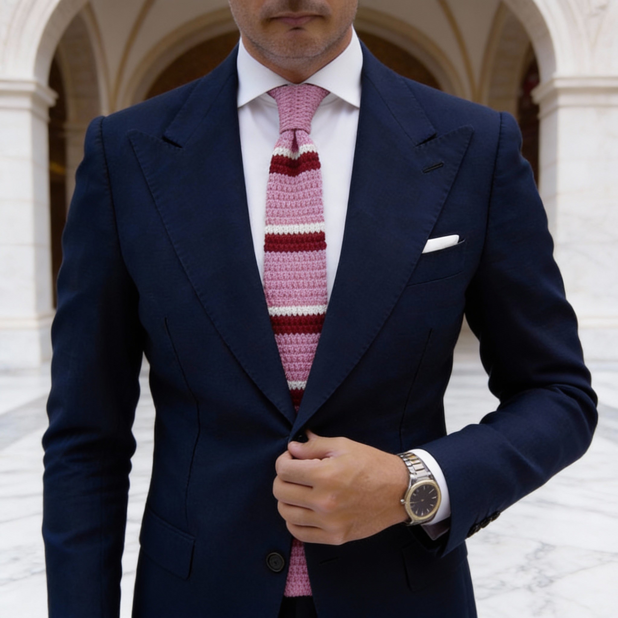 Pink With Red White Striped Knitted Necktie