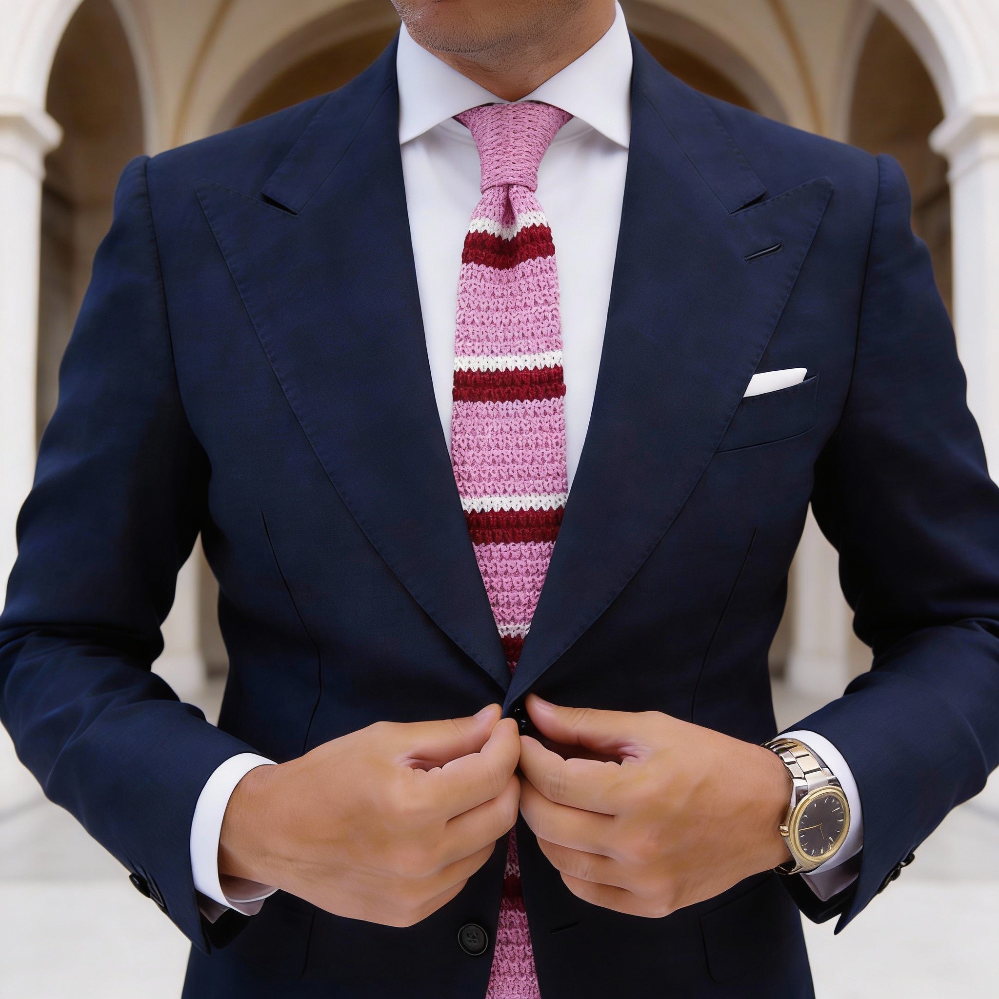 Pink With Red White Striped Knitted Necktie