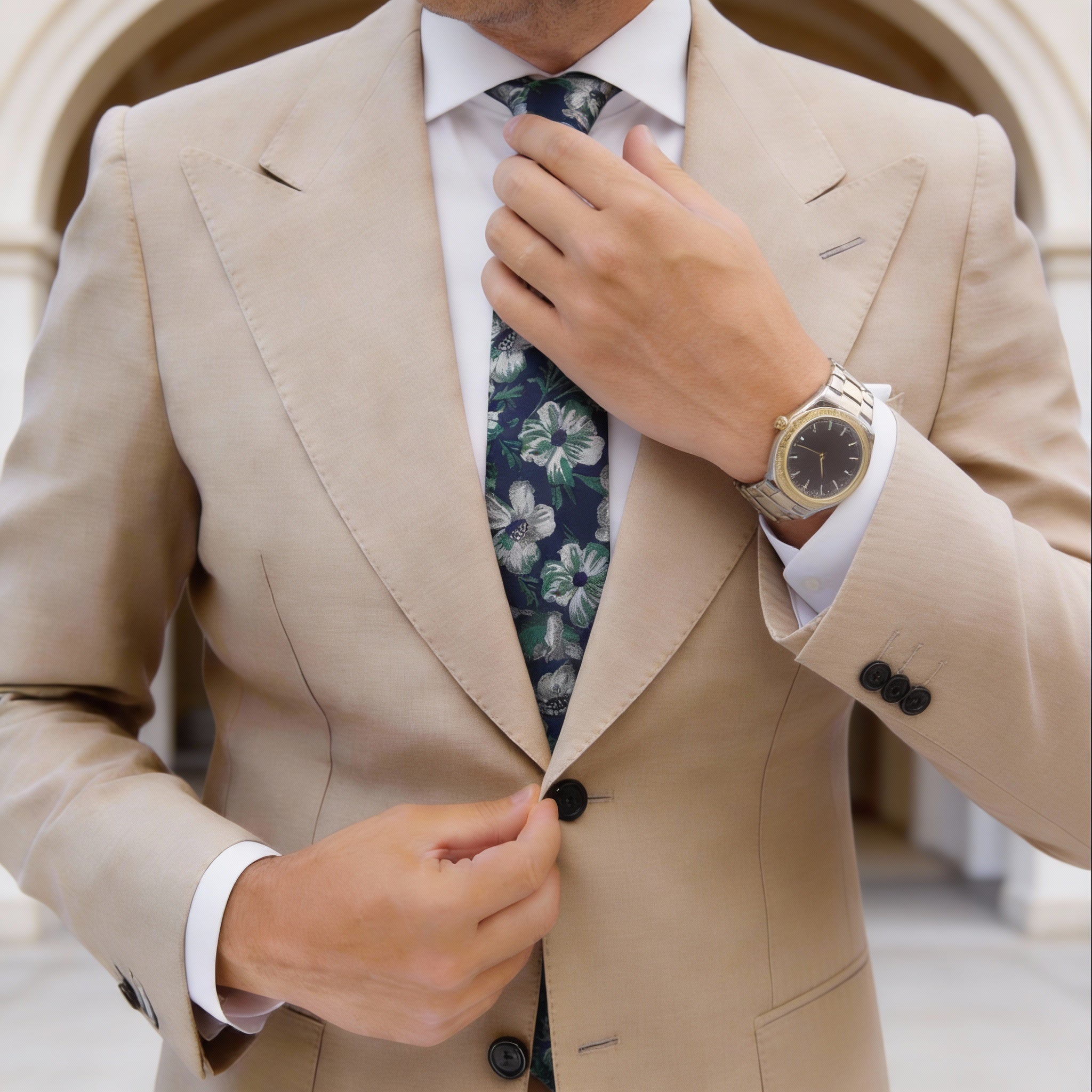 Navy Blue With Green Floral Necktie