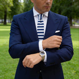 Navy White Striped Knitted Tie