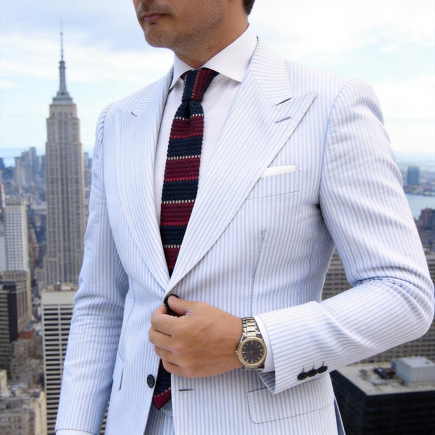 Navy With Burgundy Red Beige Striped Knitted Necktie