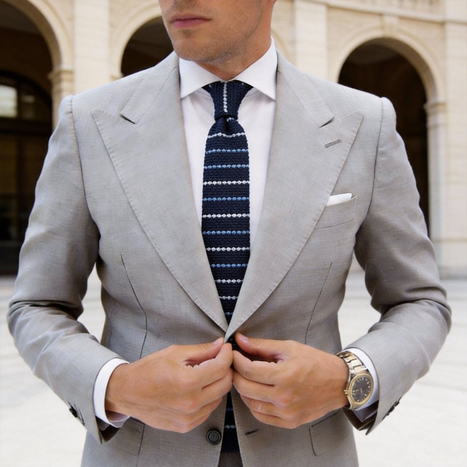 Navy Necktie With White And Light Blue Stripes