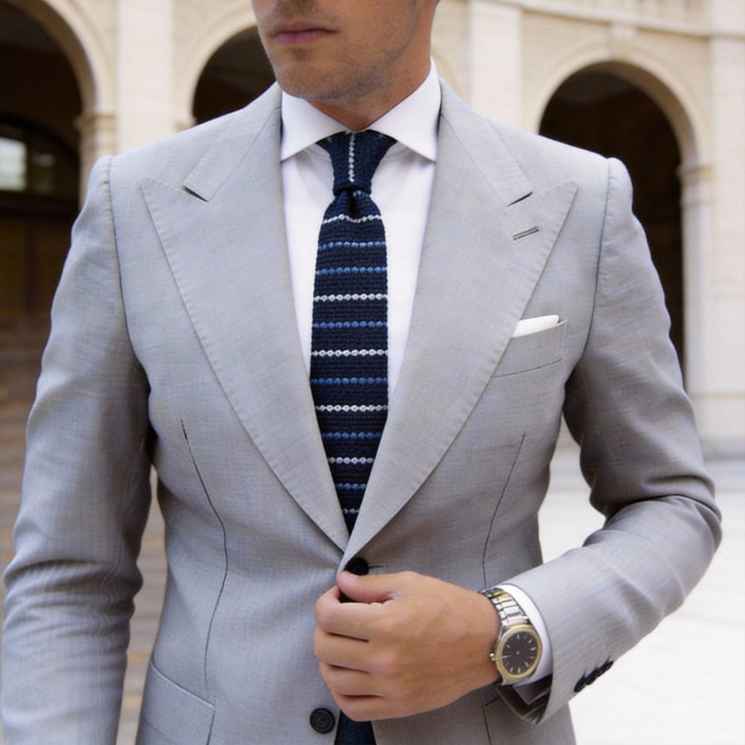 Navy Necktie With White And Light Blue Stripes