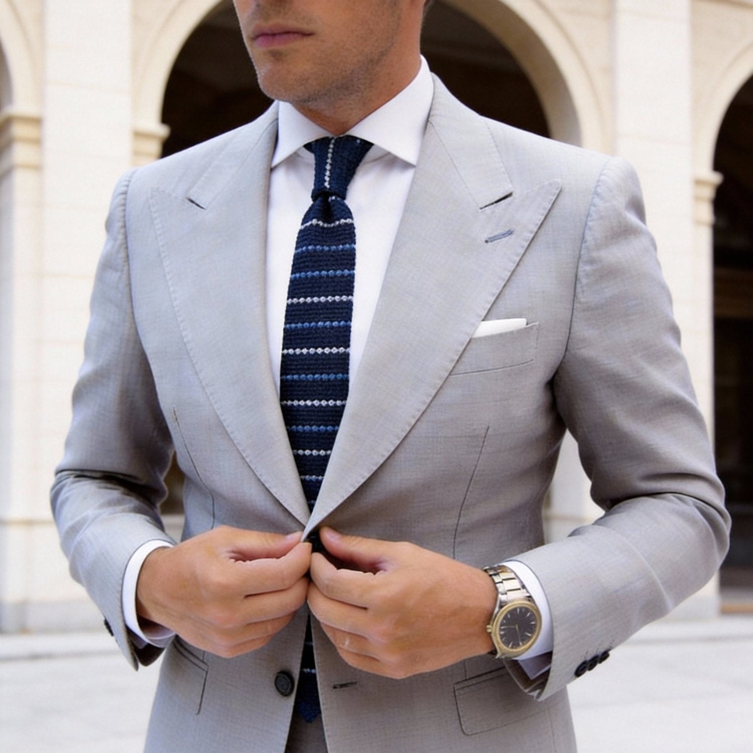 Navy Necktie With White And Light Blue Stripes