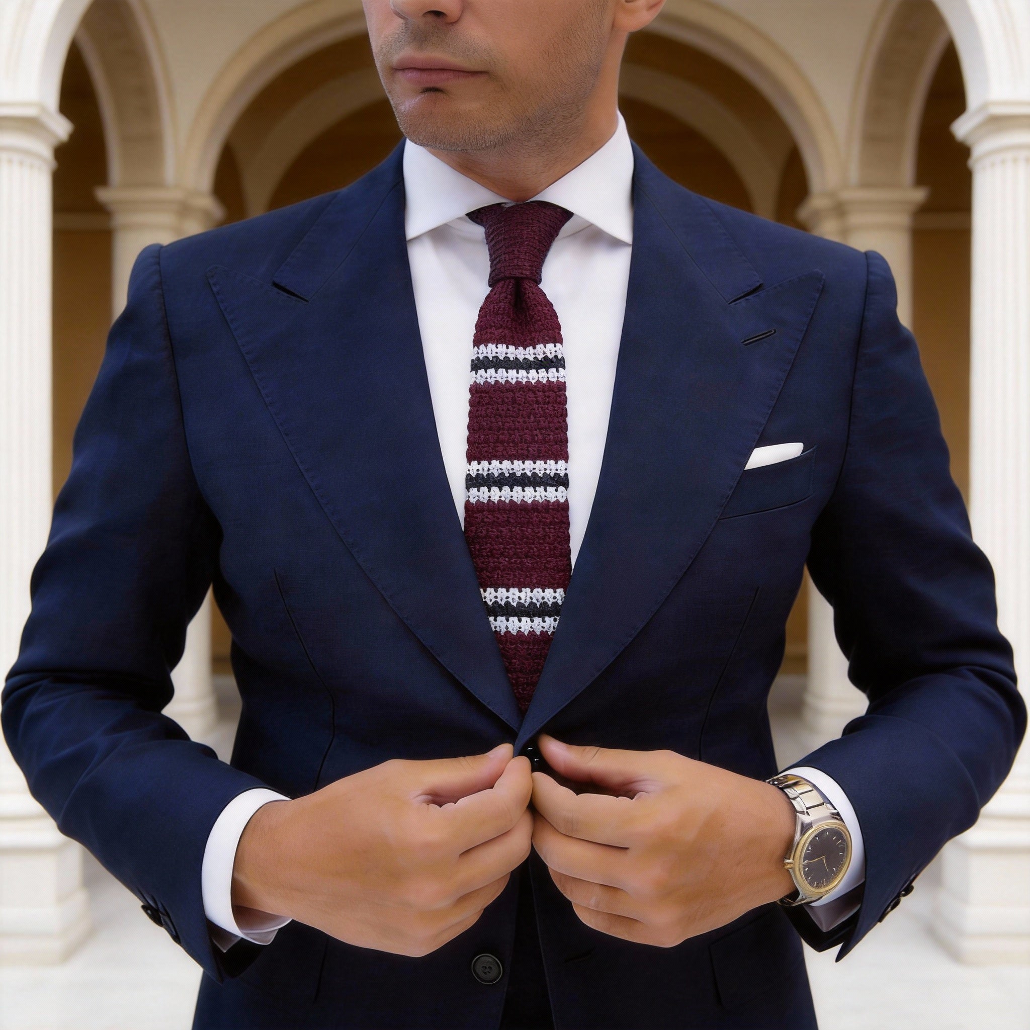Maroon With White And Black Striped Knitted Necktie