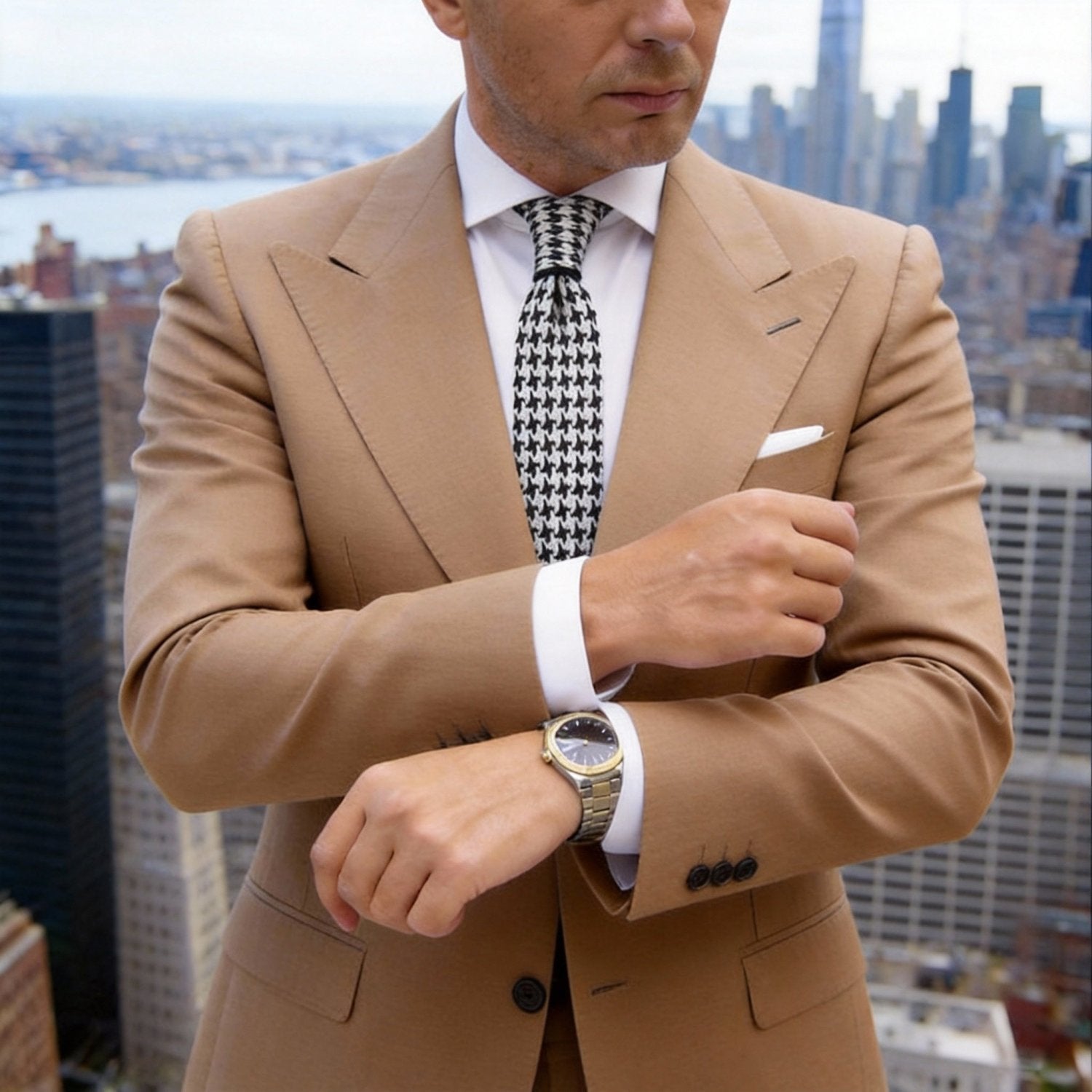 White With Black Houndstooth Necktie