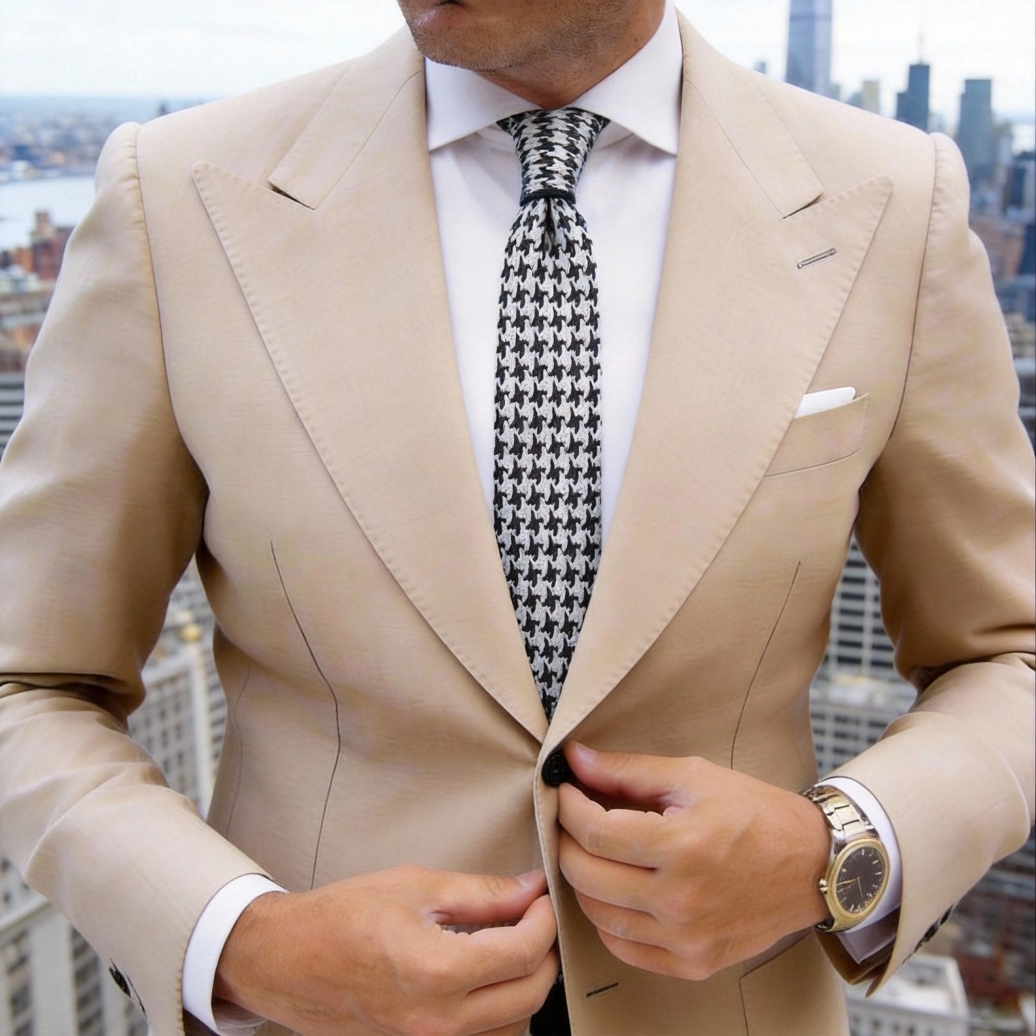 White With Black Houndstooth Necktie
