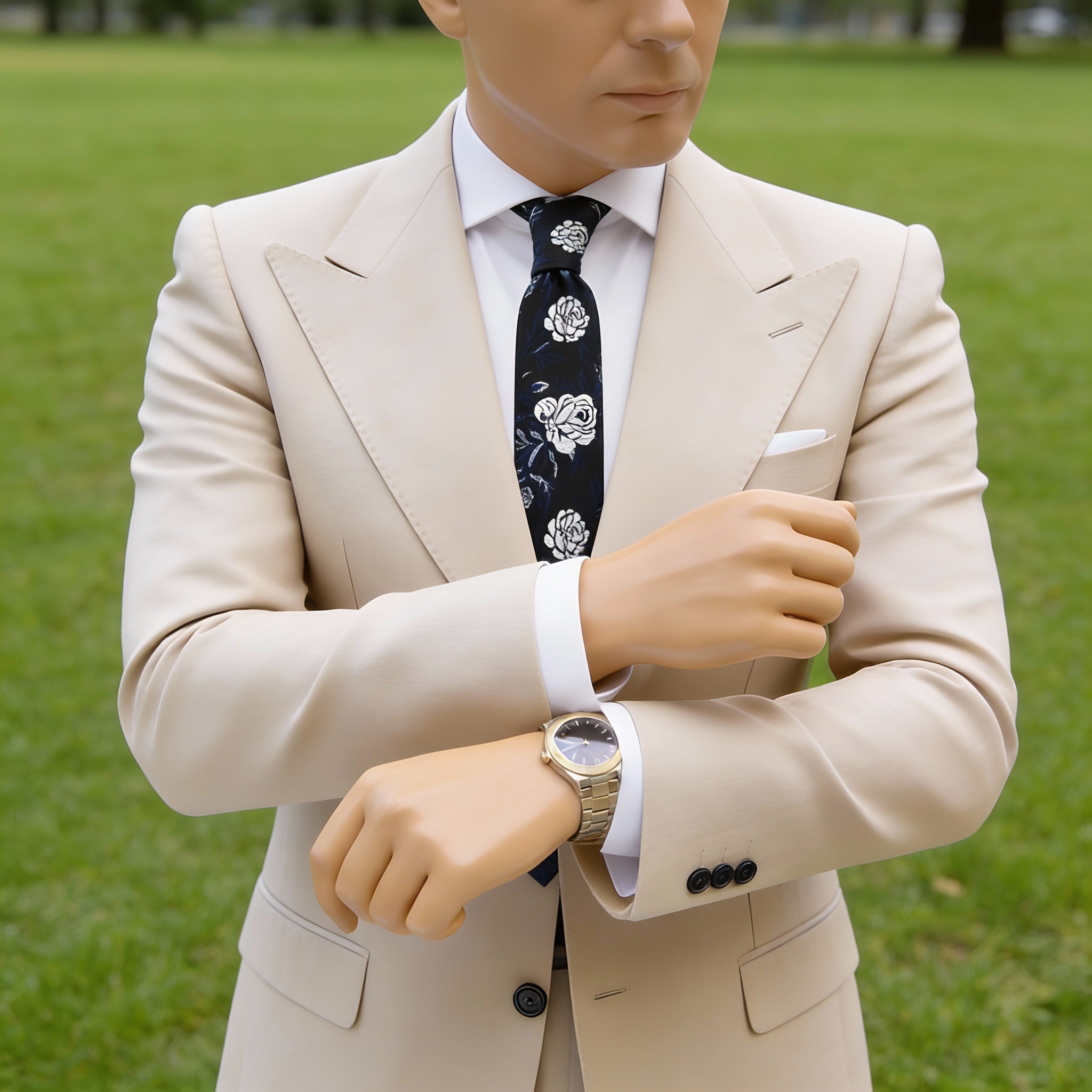 Black With White Blue Floral Necktie