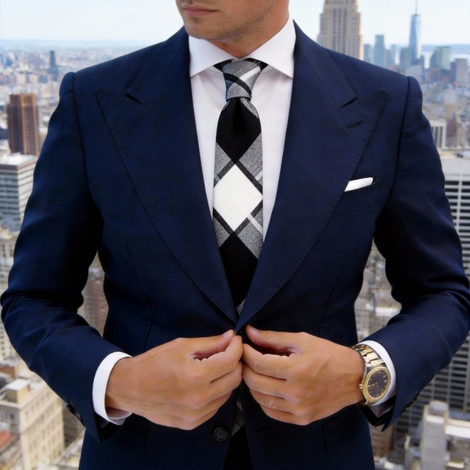 White With Black Gray Plaid Necktie