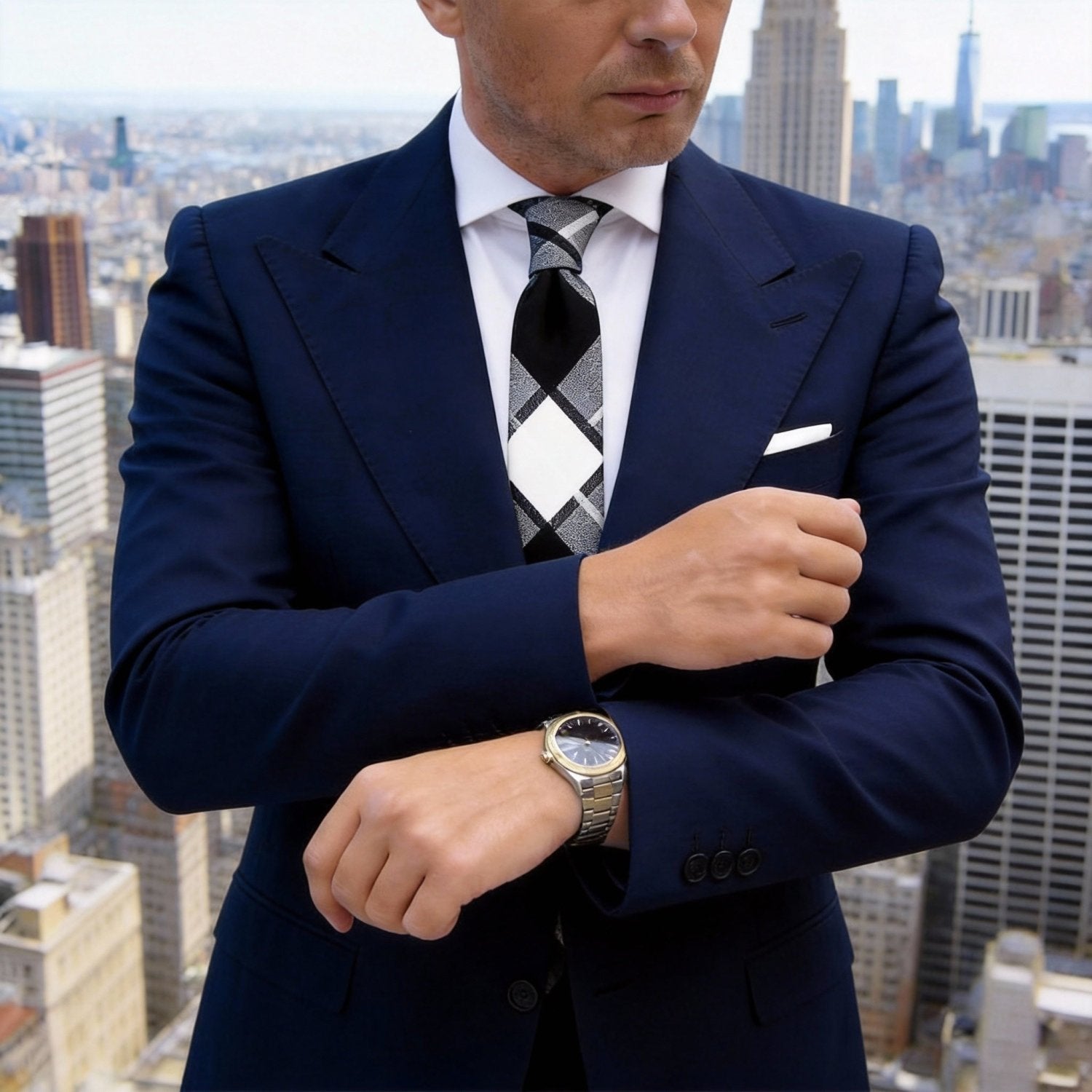 White With Black Gray Plaid Necktie