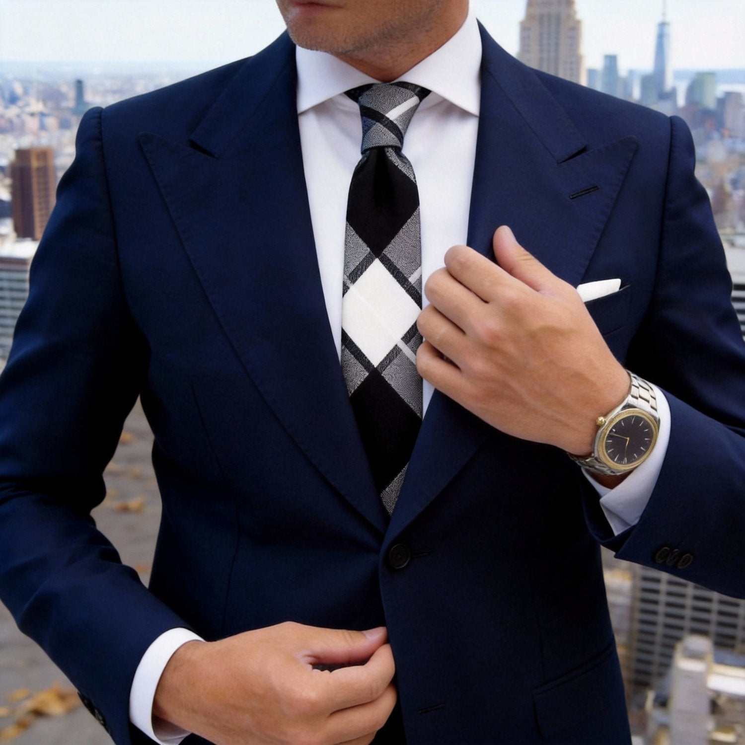 White With Black Gray Plaid Necktie