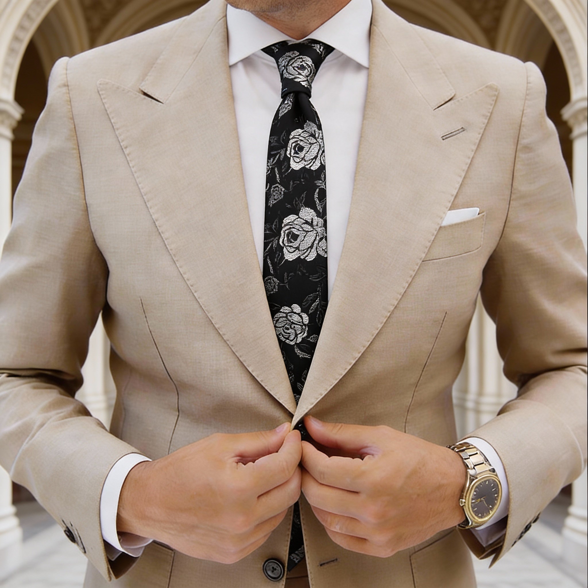 Black With Silver Floral Necktie