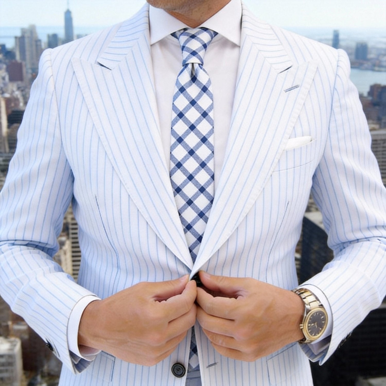 White With Blue Checkered Necktie