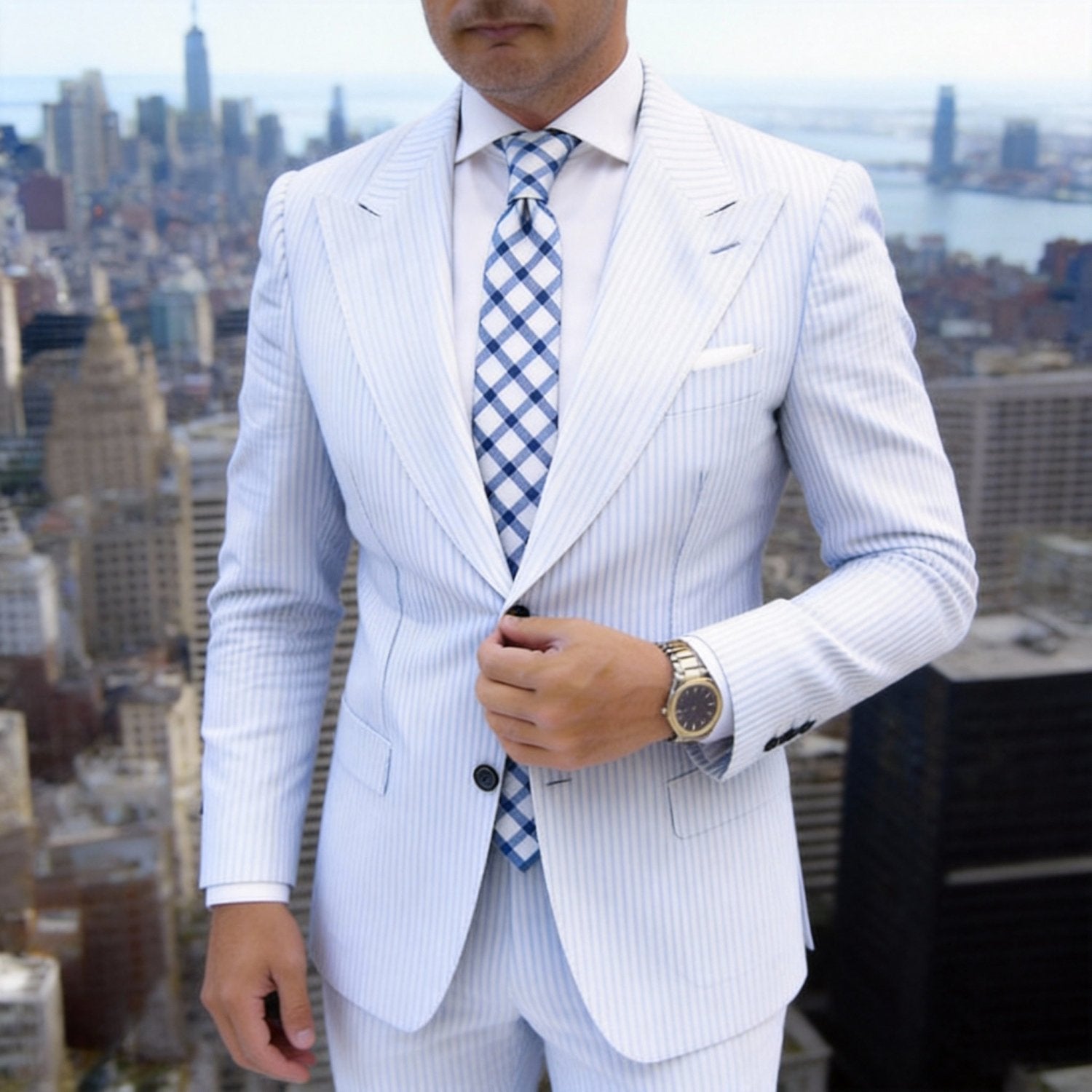 White With Blue Checkered Necktie
