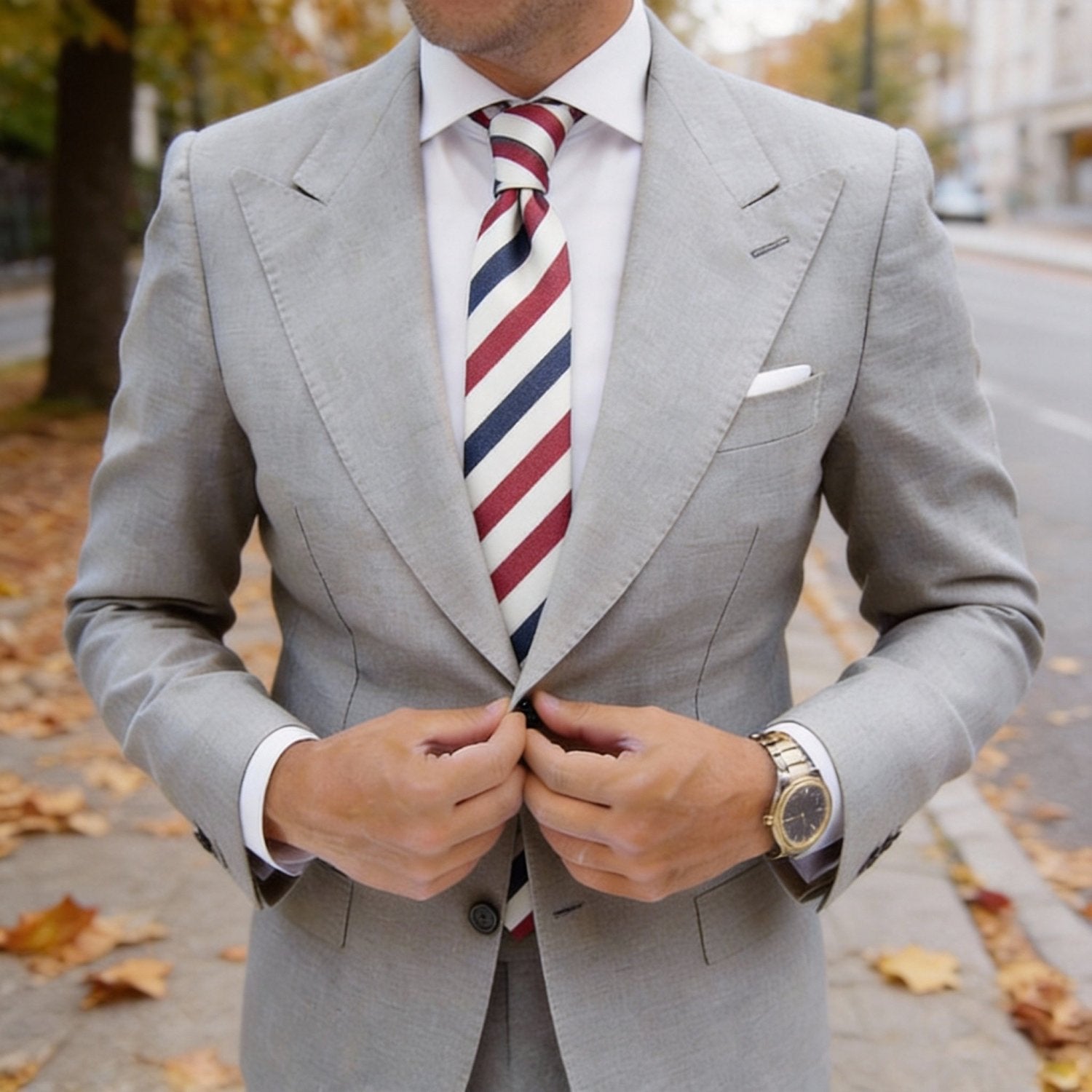 White With Red Blue Striped Necktie