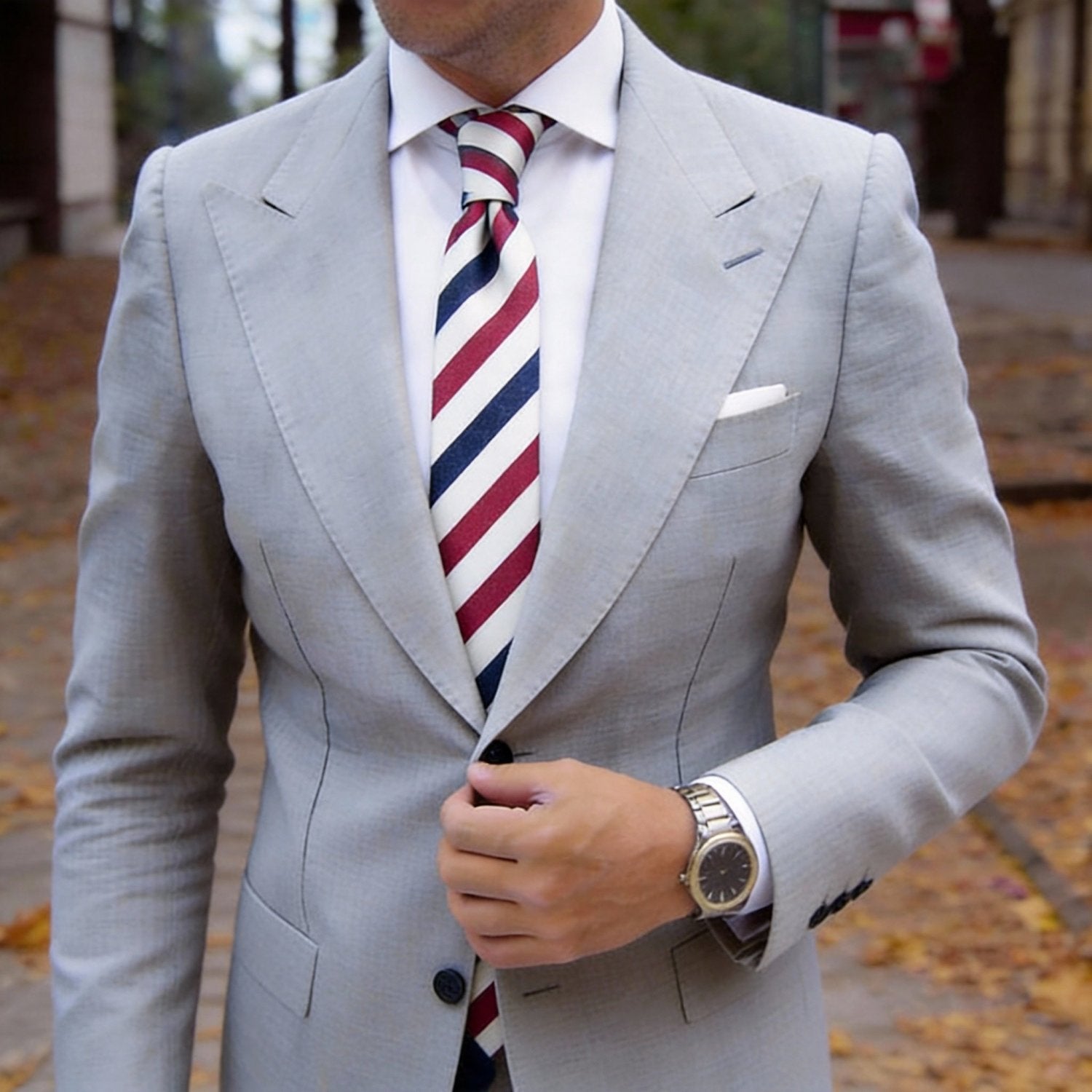 White With Red Blue Striped Necktie