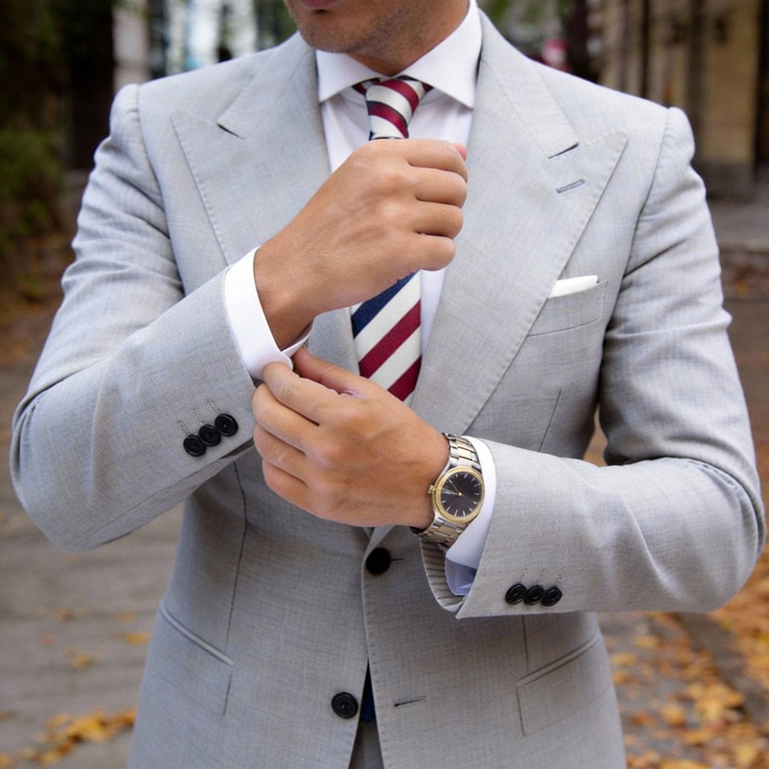 White With Red Blue Striped Necktie