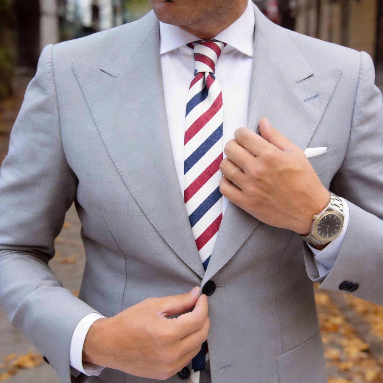 White With Red Blue Striped Necktie