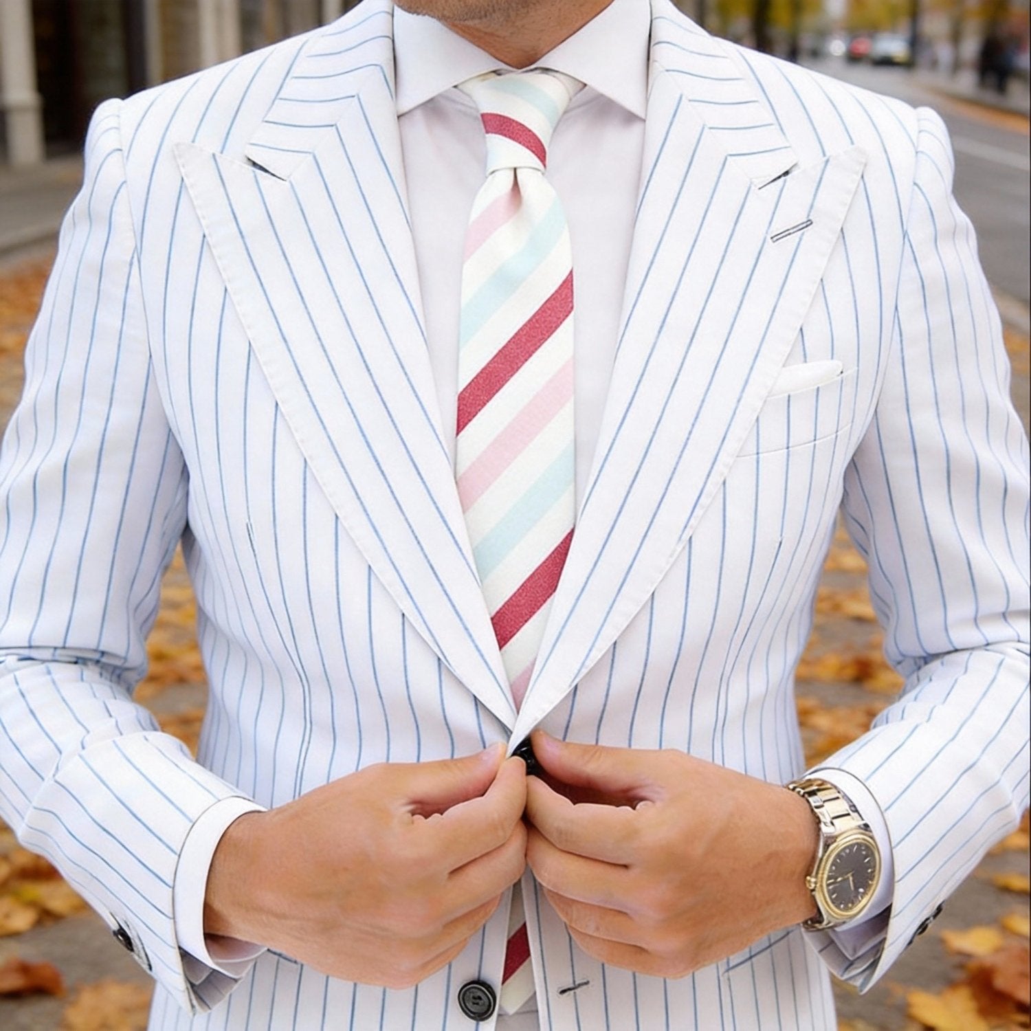 White With Red Pink Light Blue Striped Necktie
