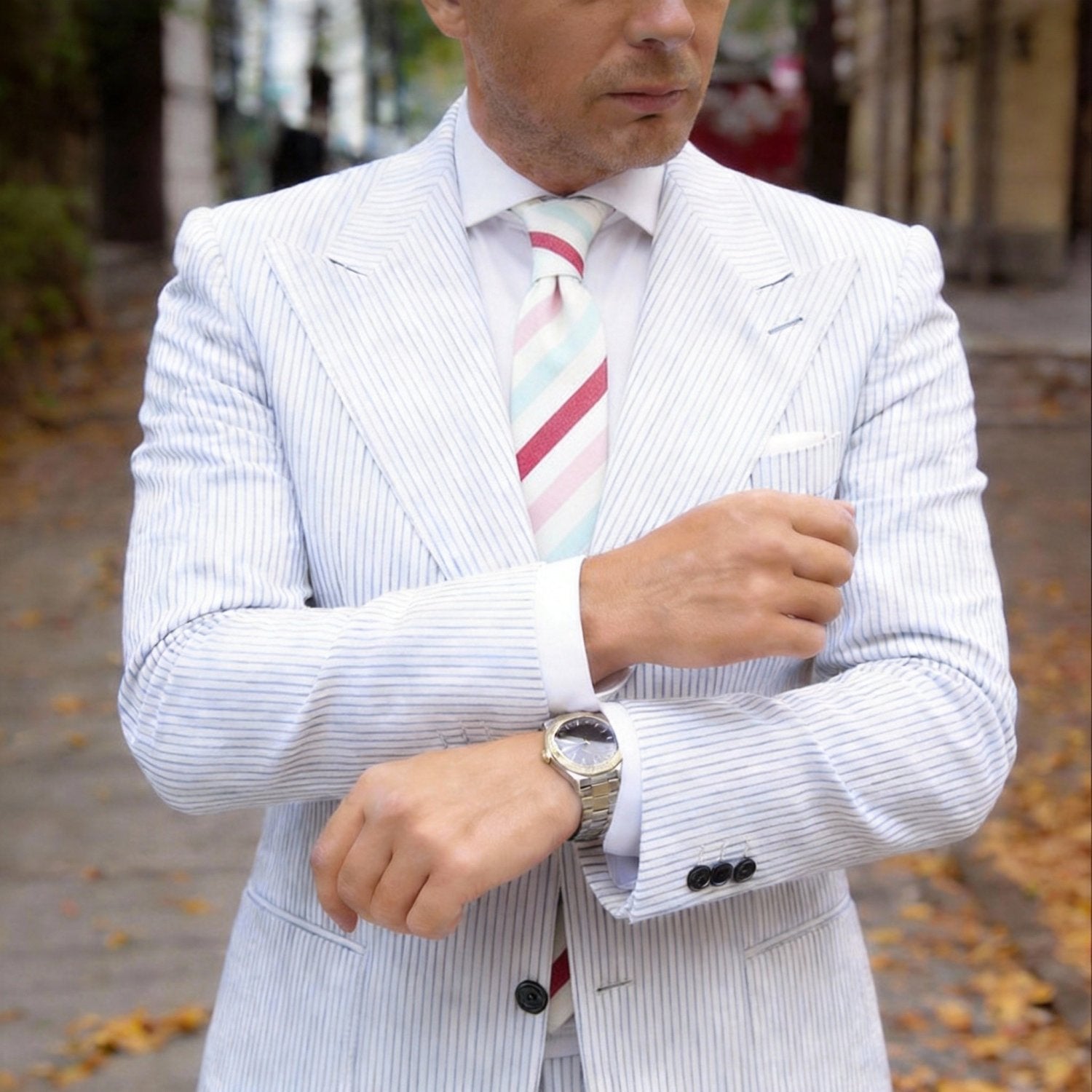 White With Red Pink Light Blue Striped Necktie
