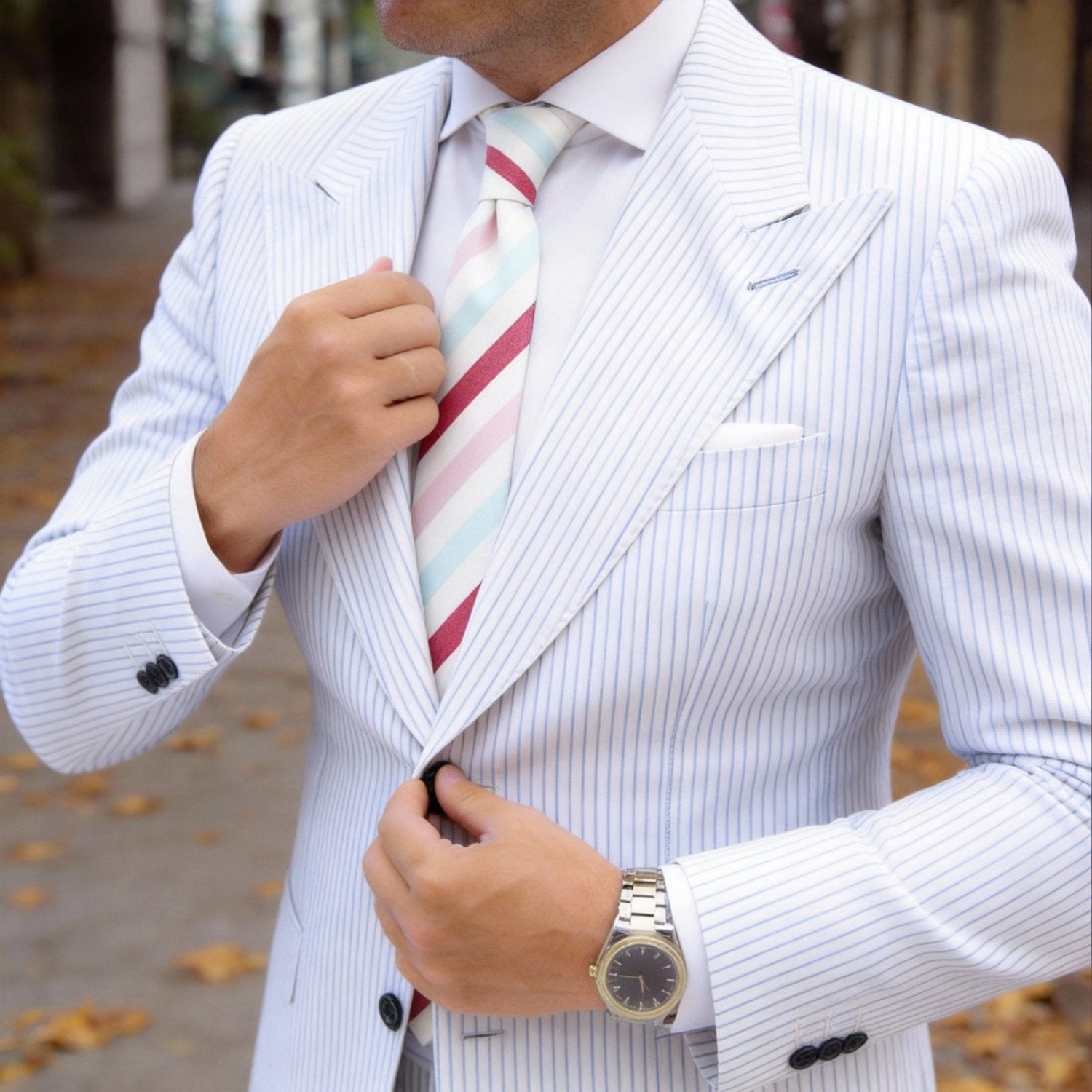 White With Red Pink Light Blue Striped Necktie
