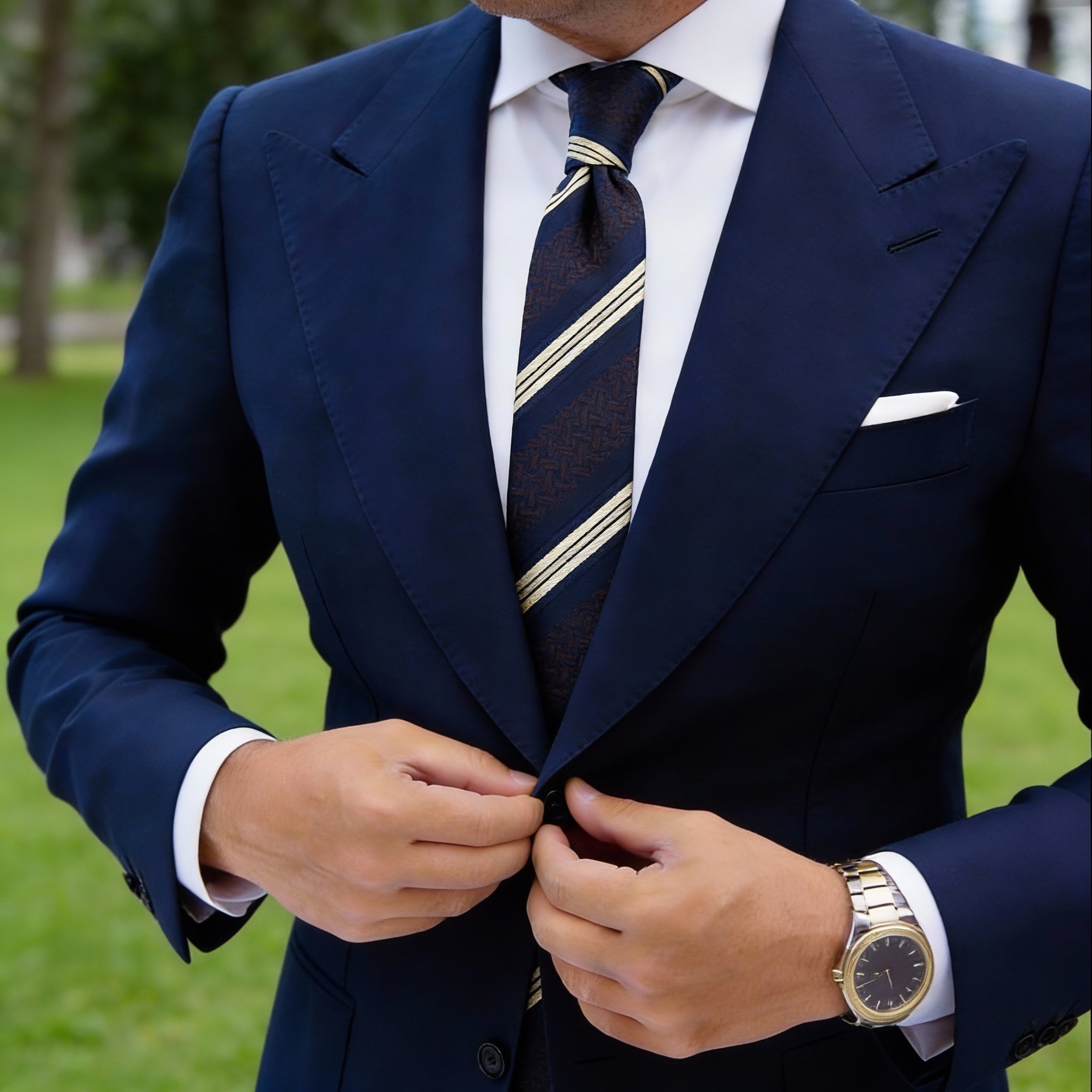 Dark Blue Necktie with Brown & Beige Patterns