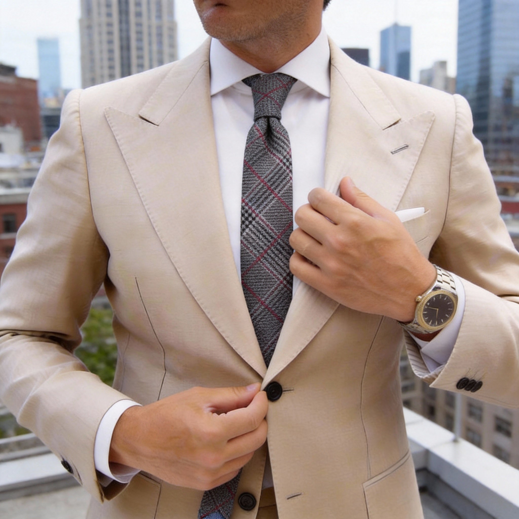 Beige Red Plaid Necktie