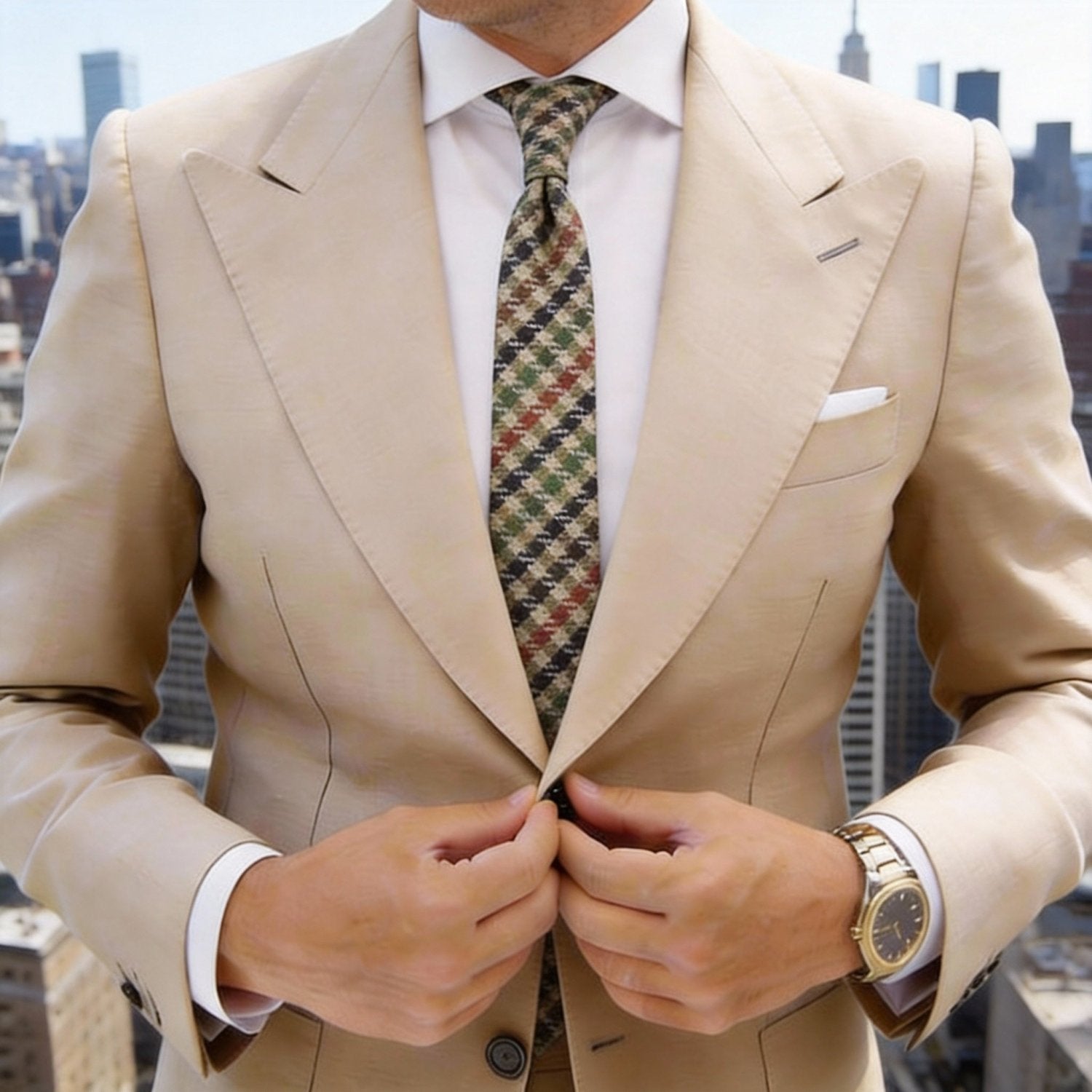 Beige With Navy Plaid Necktie