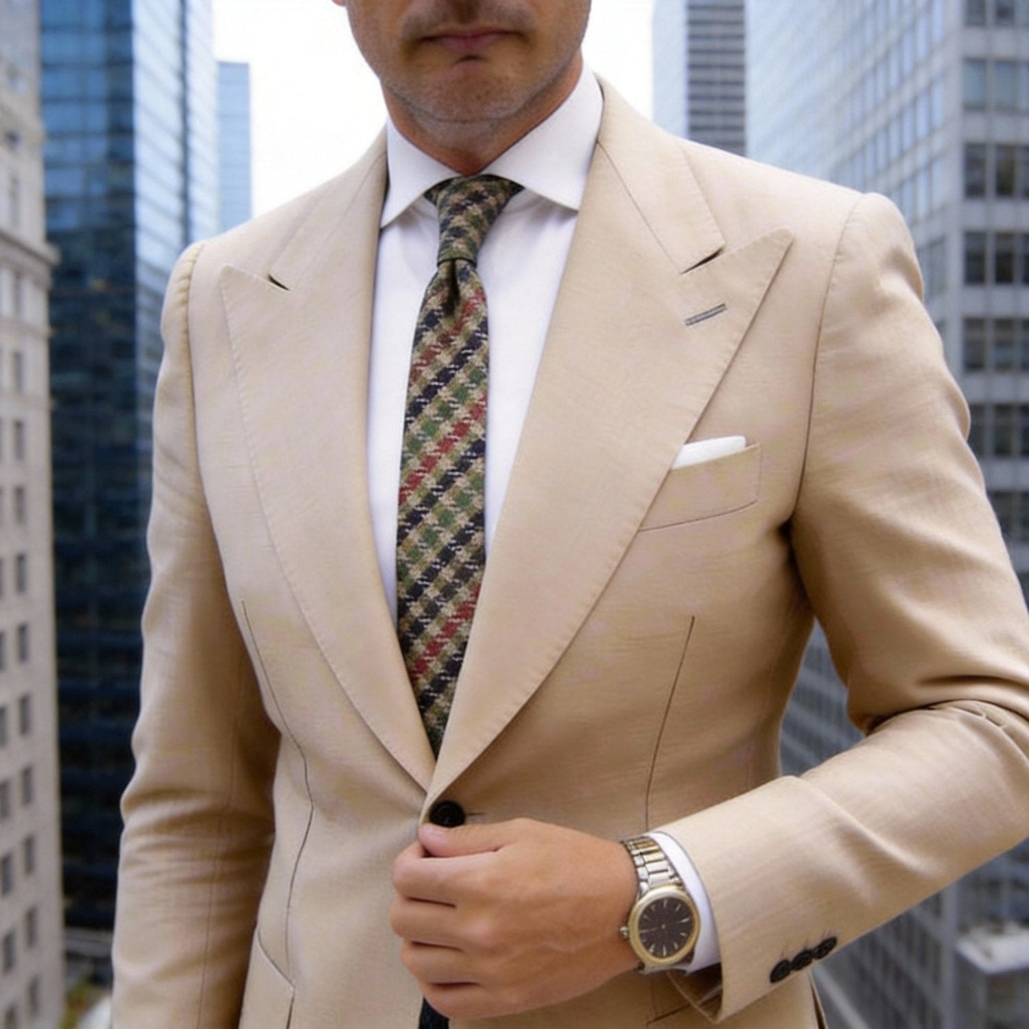 Beige With Navy Plaid Necktie