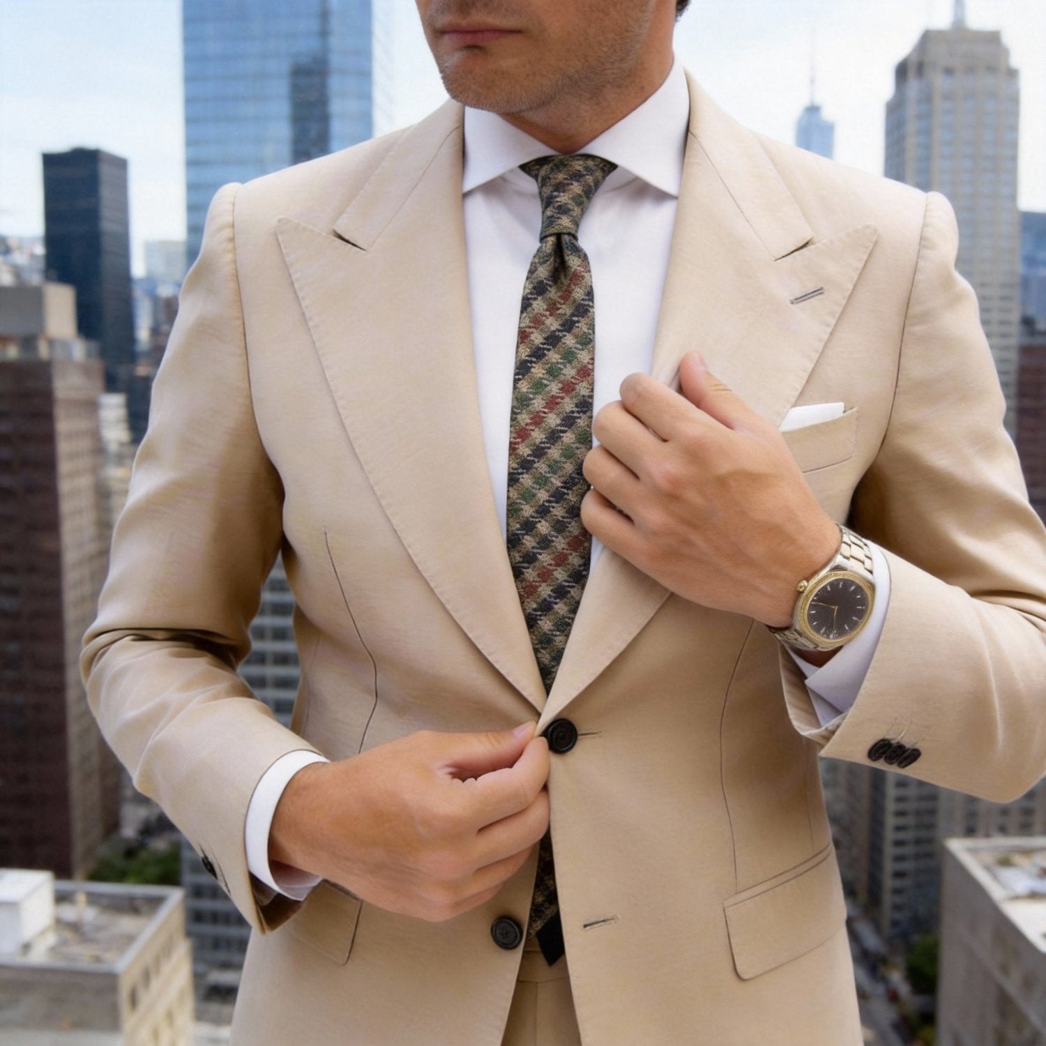 Beige With Navy Plaid Necktie