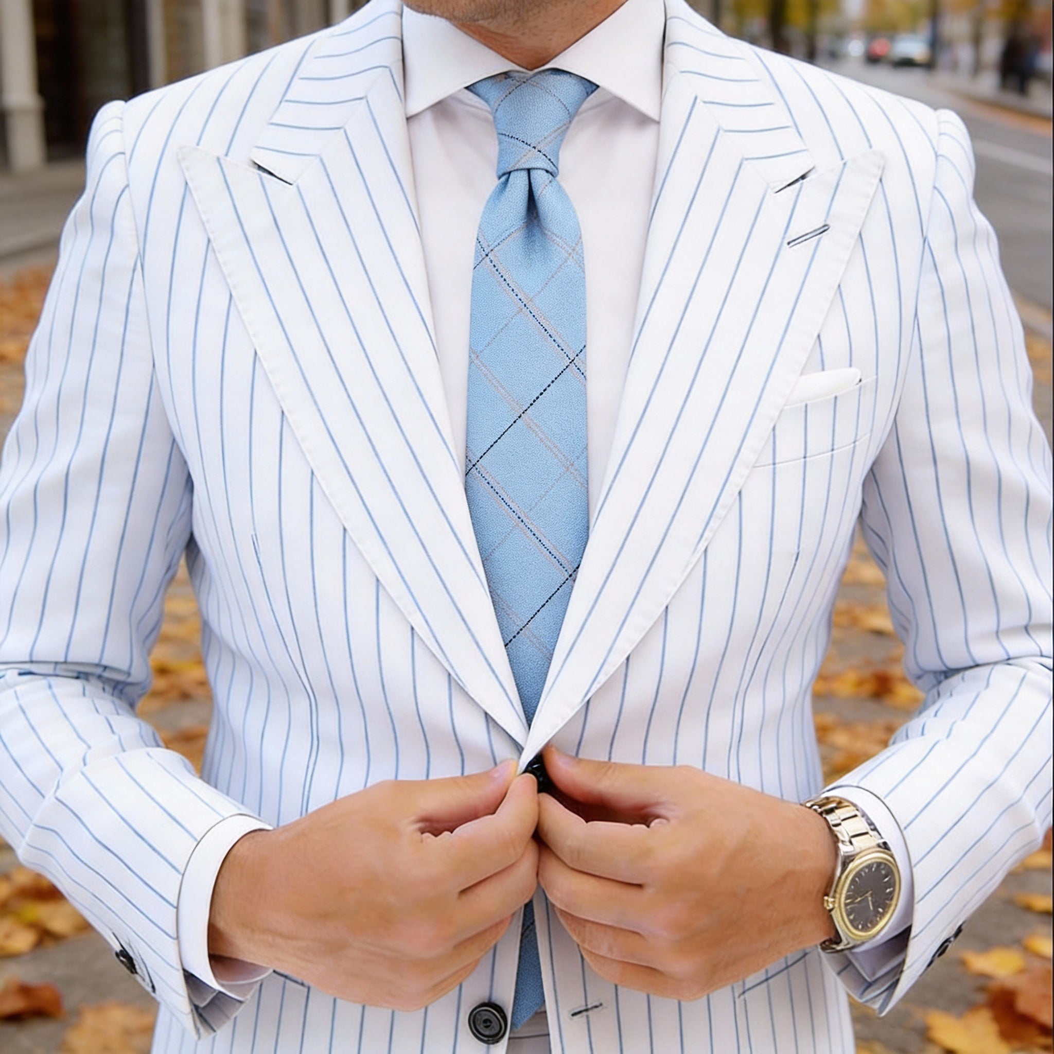 Light Blue Necktie With Black & Beige Checkered