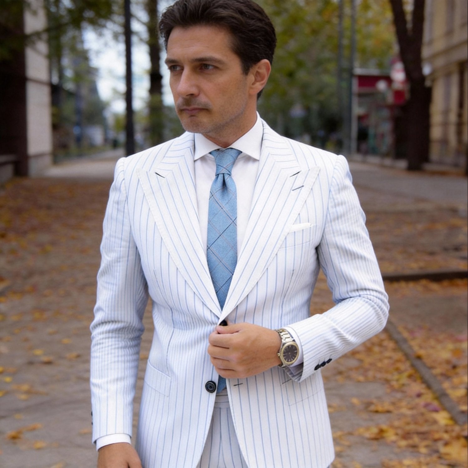 Light Blue Necktie With Black & Beige Checkered