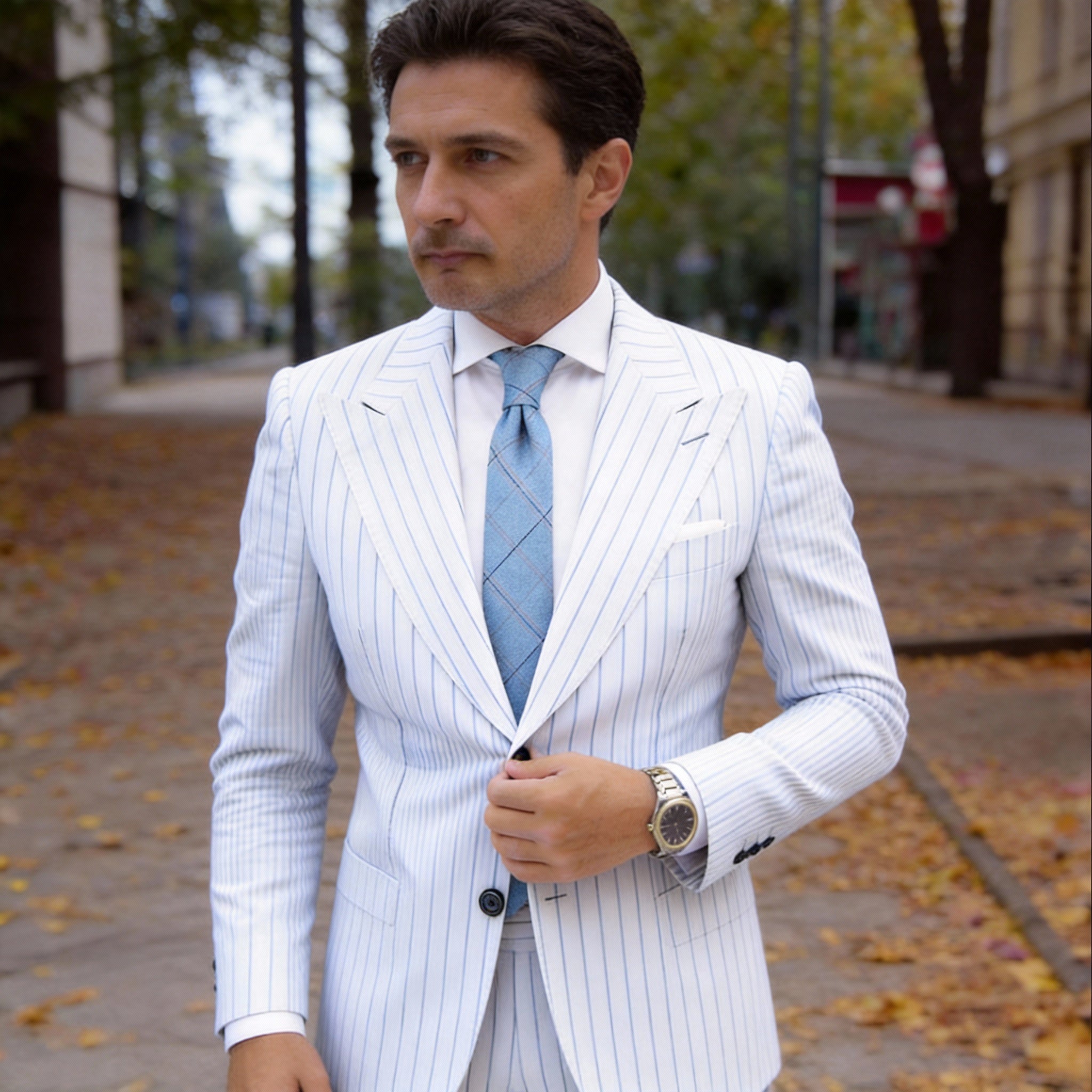 Light Blue Necktie With Black & Beige Checkered