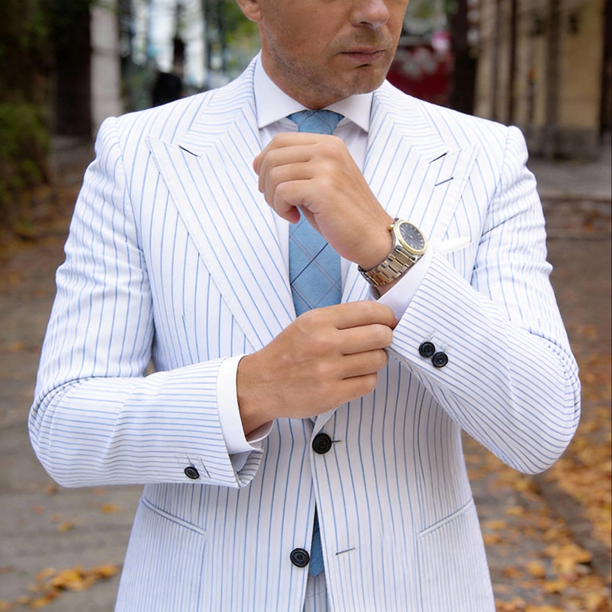 Light Blue Necktie With Black & Beige Checkered