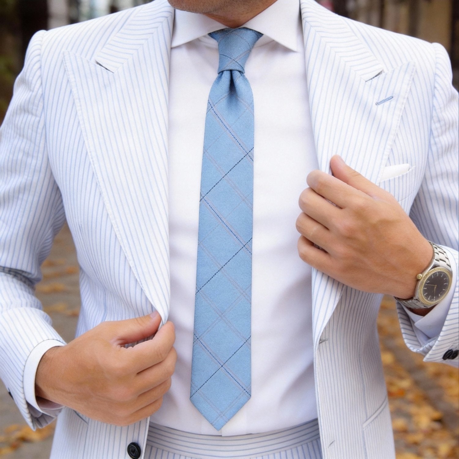 Light Blue Necktie With Black & Beige Checkered