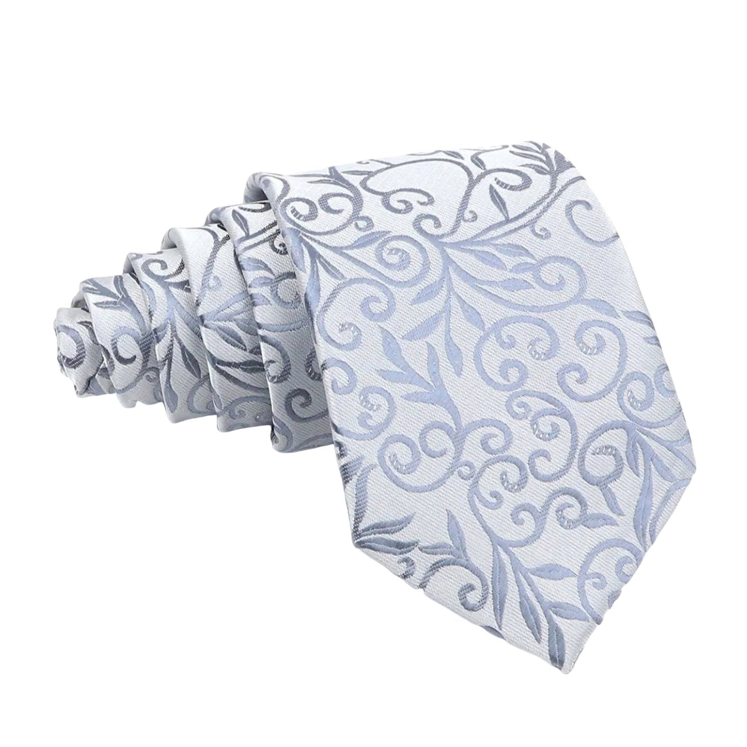 White with Light Gray Floral Scroll Necktie