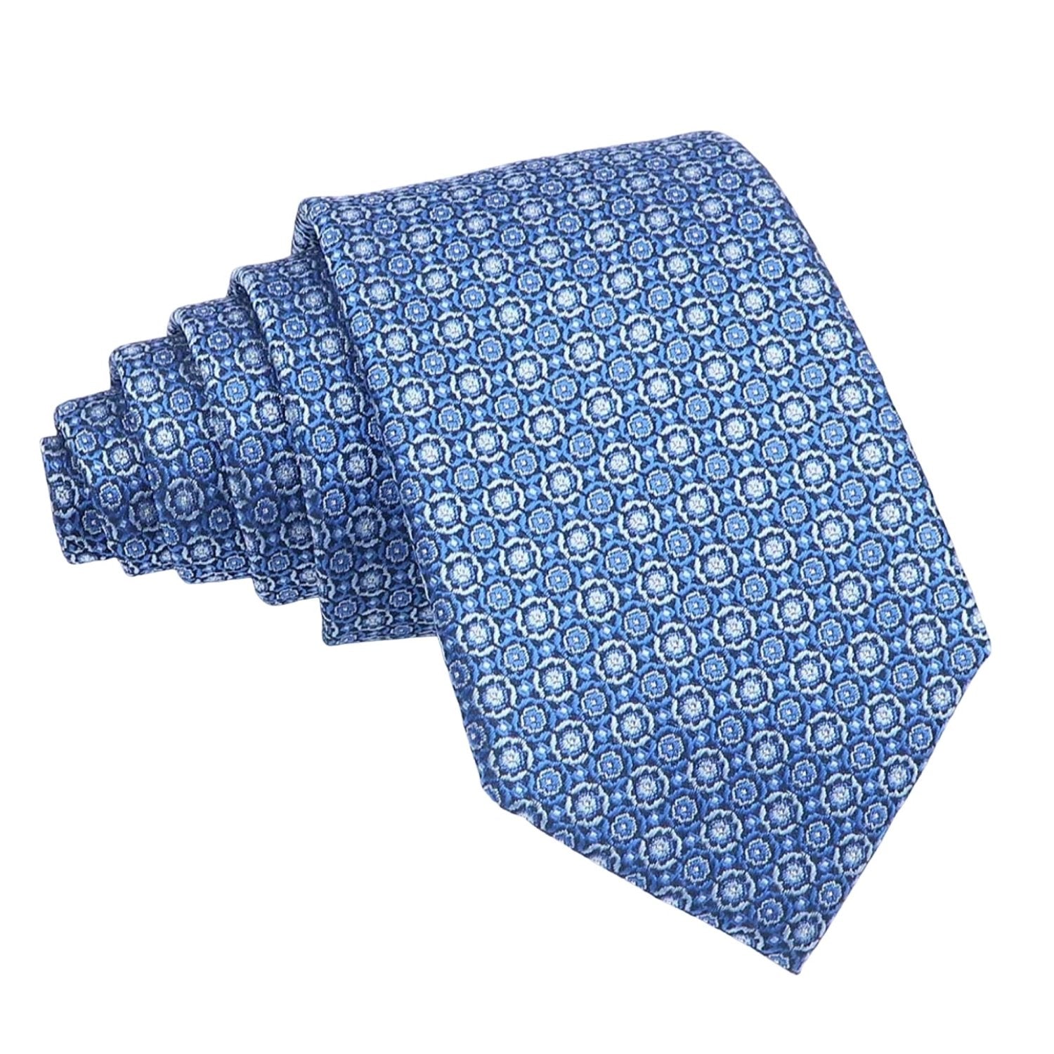Blue With White Geometric Floral Necktie