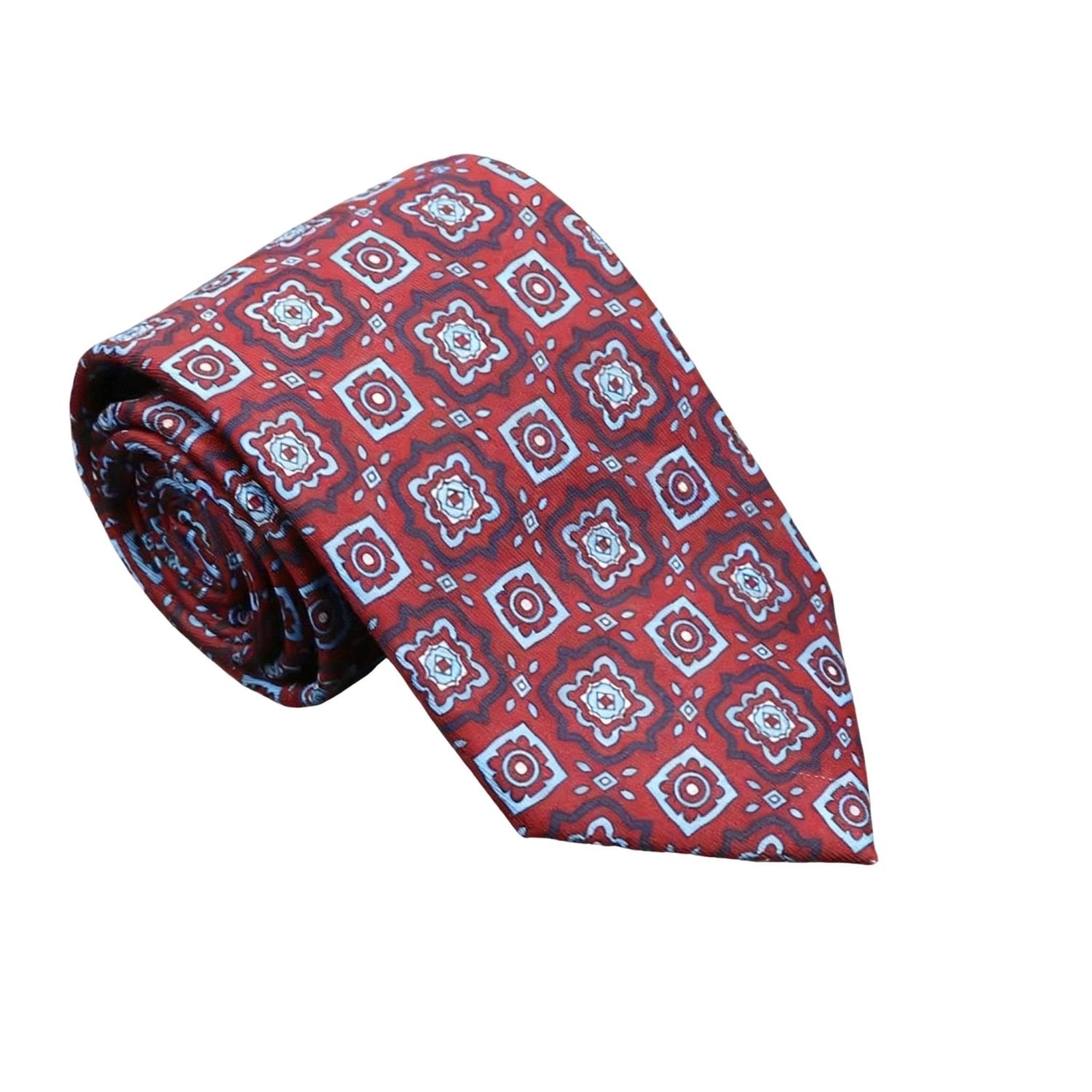 Burgundy With Blue Geometric Medallion Necktie