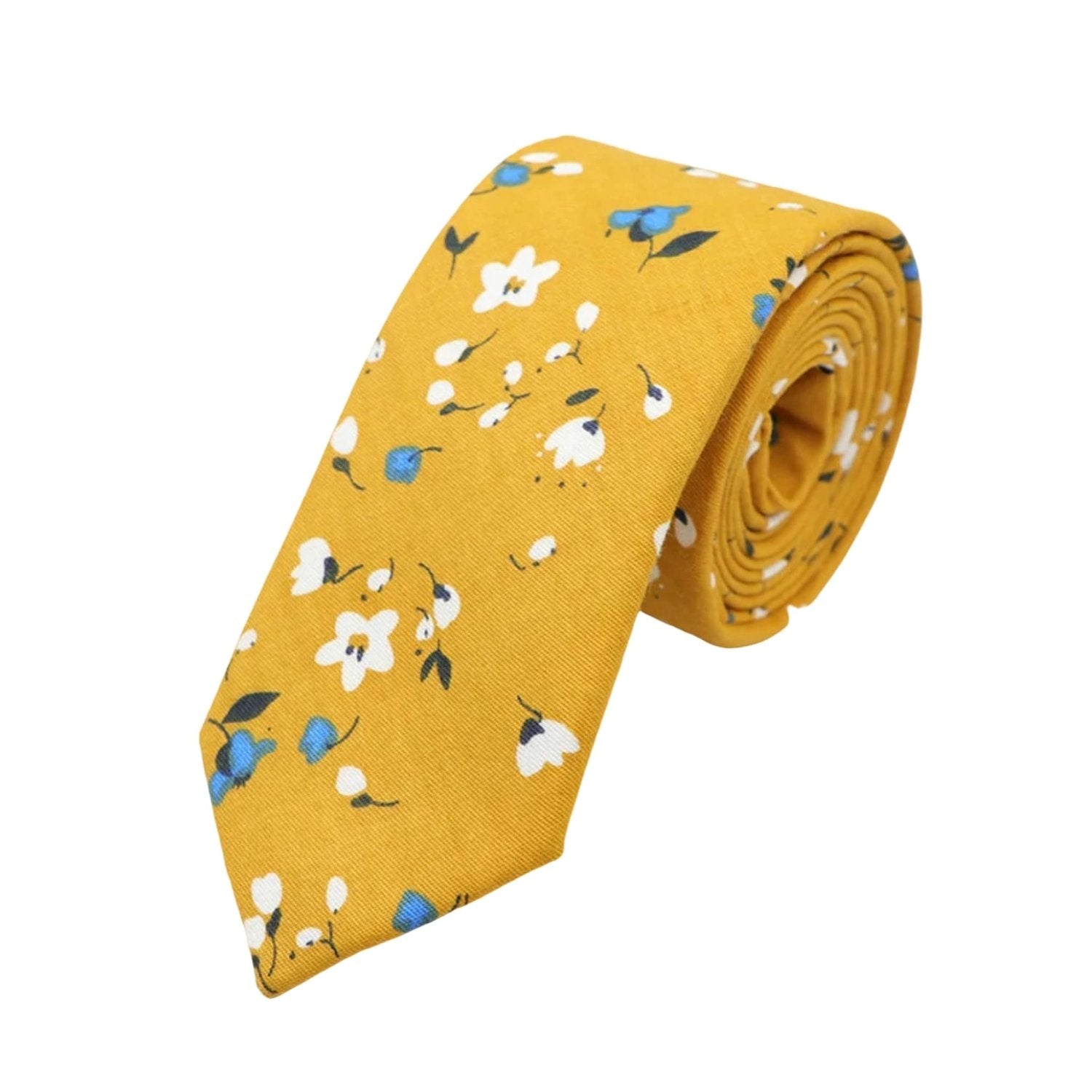 Mustard Yellow With White And Blue Floral Necktie