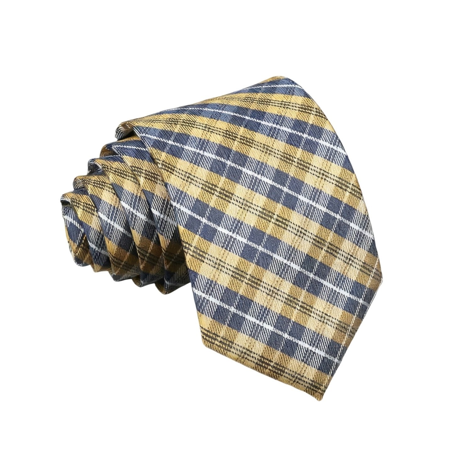 Yellow With Navy Blue White Plaid Necktie