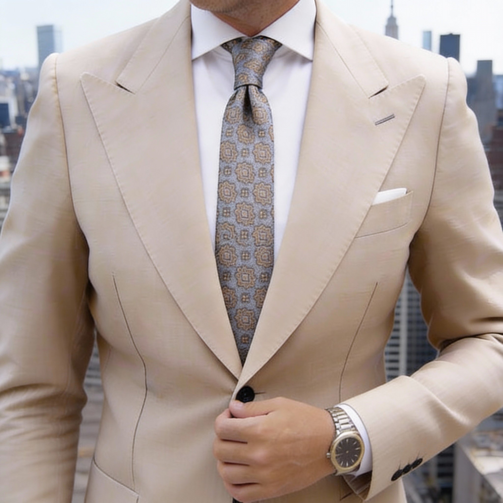 Gray With Gold Medallion Pattern Necktie